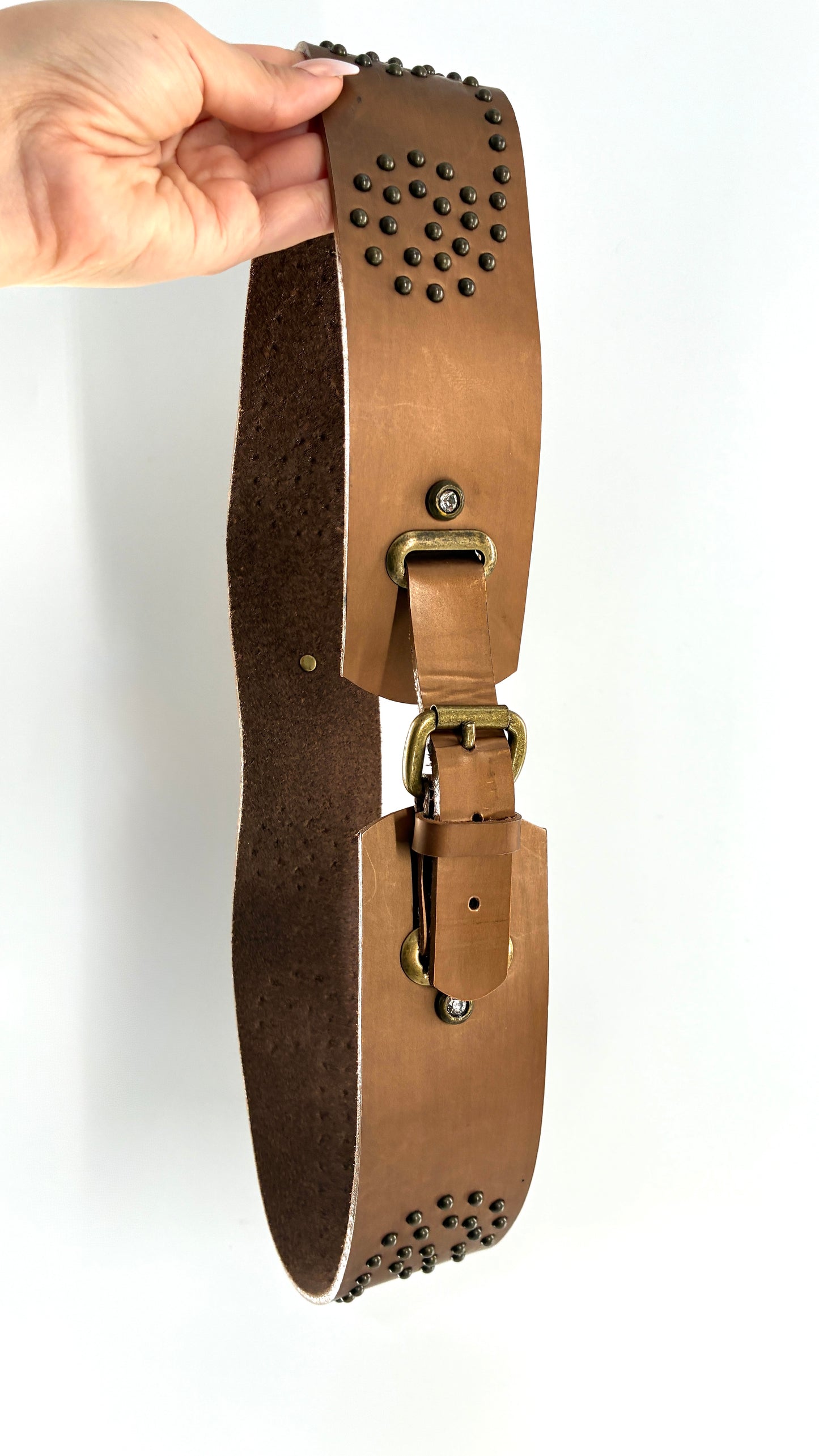Vintage MADEMOISELLE Bronze Leather Thick Belt with Studded Rhinestone Details (L)