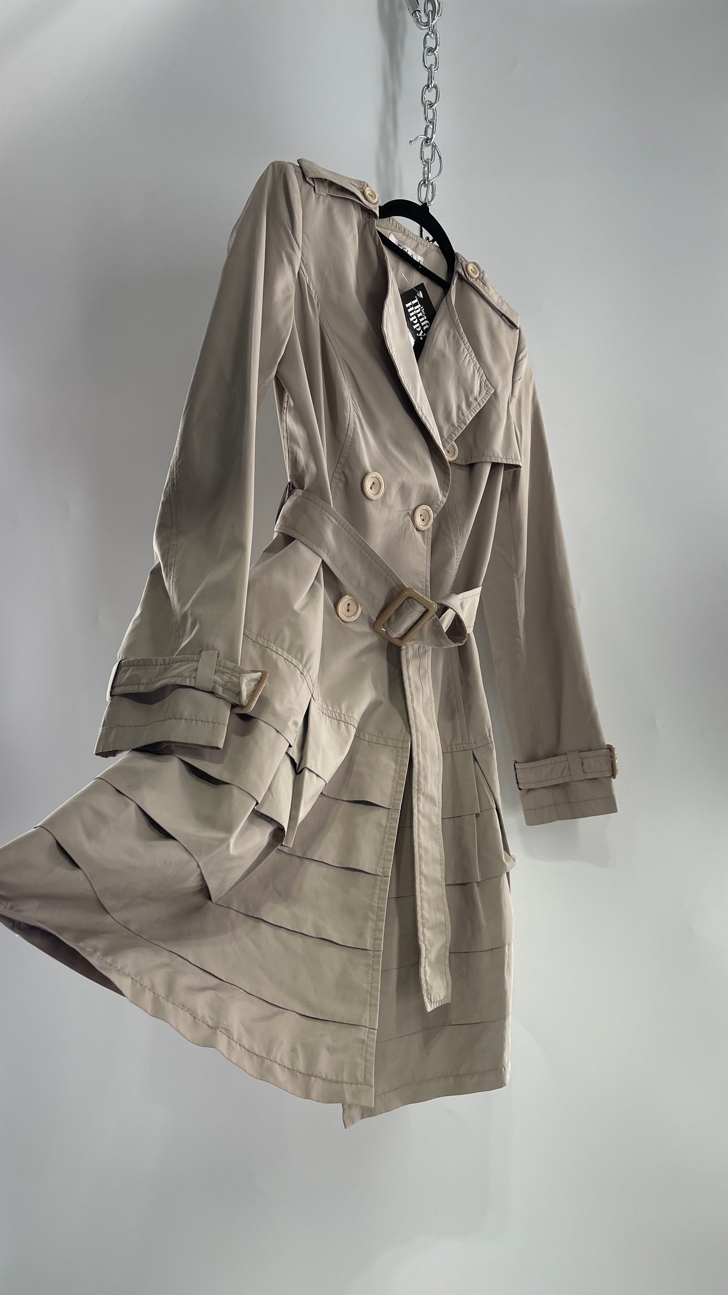 Vintage ESLA Beige Trench Coat with Ruffled Hem (Small)