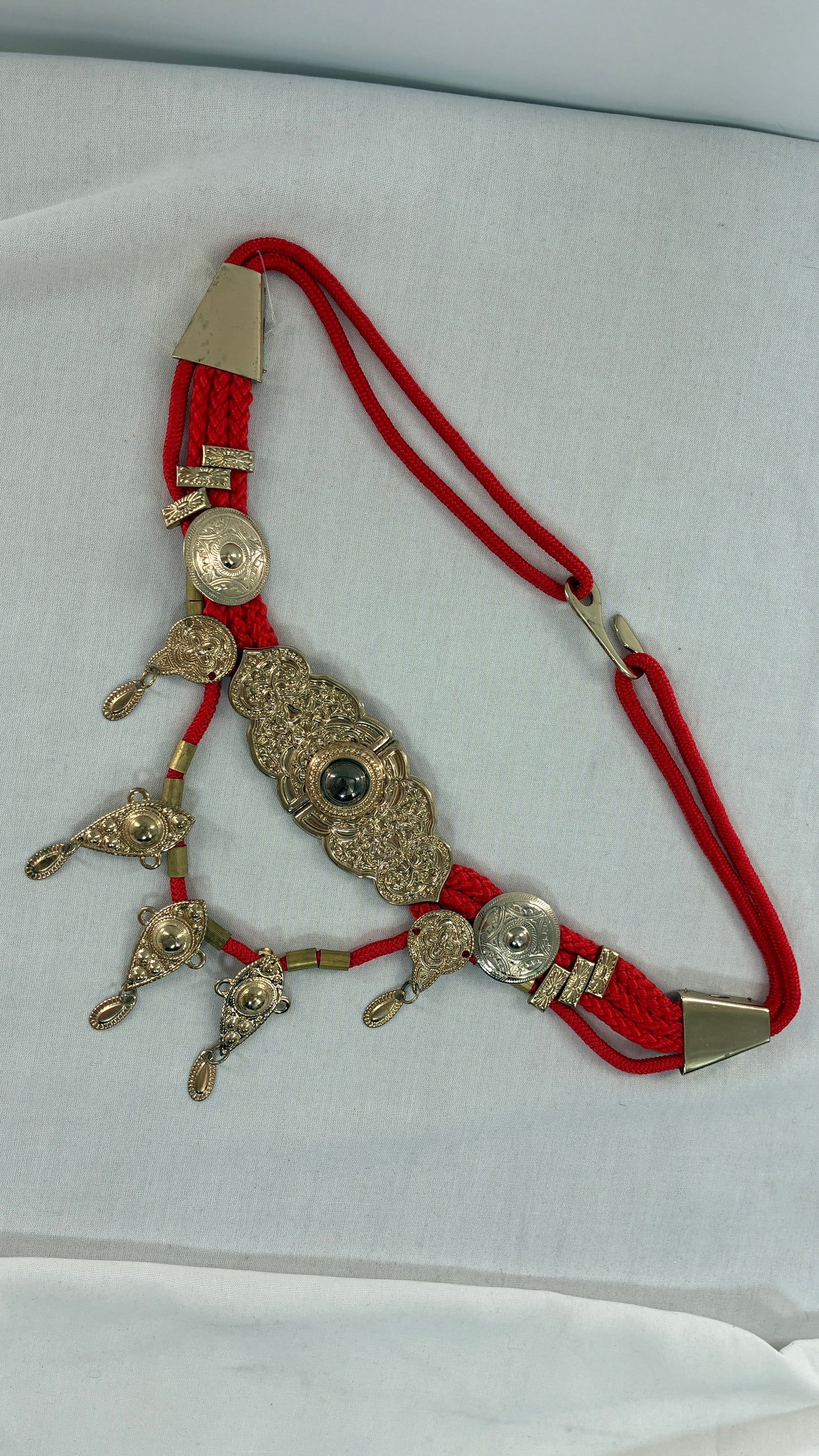 Vintage 1980s Red Rope Belt with Gold Engraved Coins Made in Korea