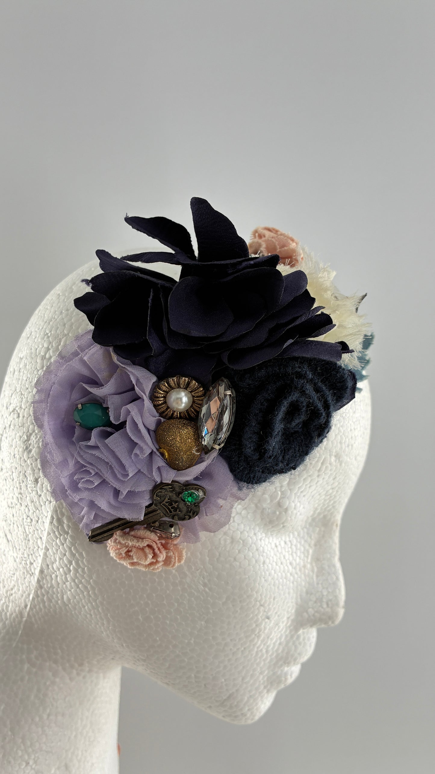 Vintage FARMER Handmade Lilac Headband with Purple Ribbon,  Pleated, Floral, and Gemstone Appliqués