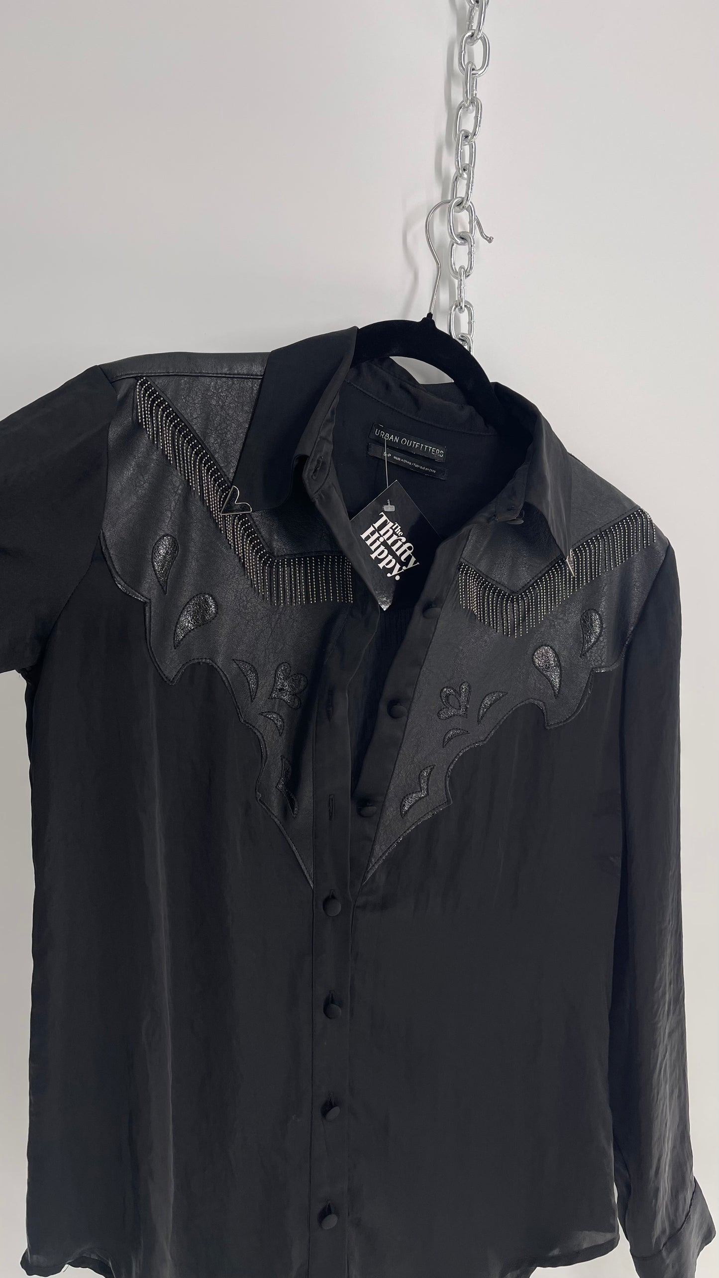 Urban Outfitters Cowboy Silky Black Fringe Button Up(C)(Small)