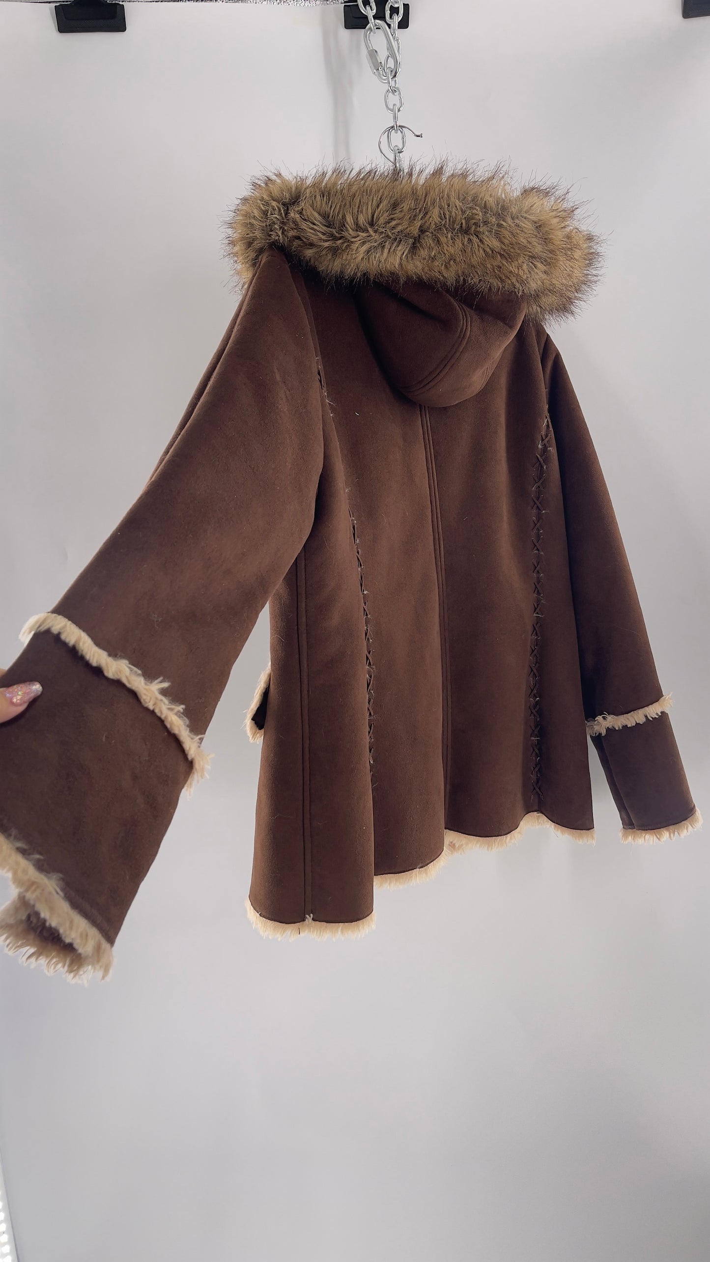 Vintage Braetan Brown Zip Up Coat with Contrast Fur Trim (C) (XL)