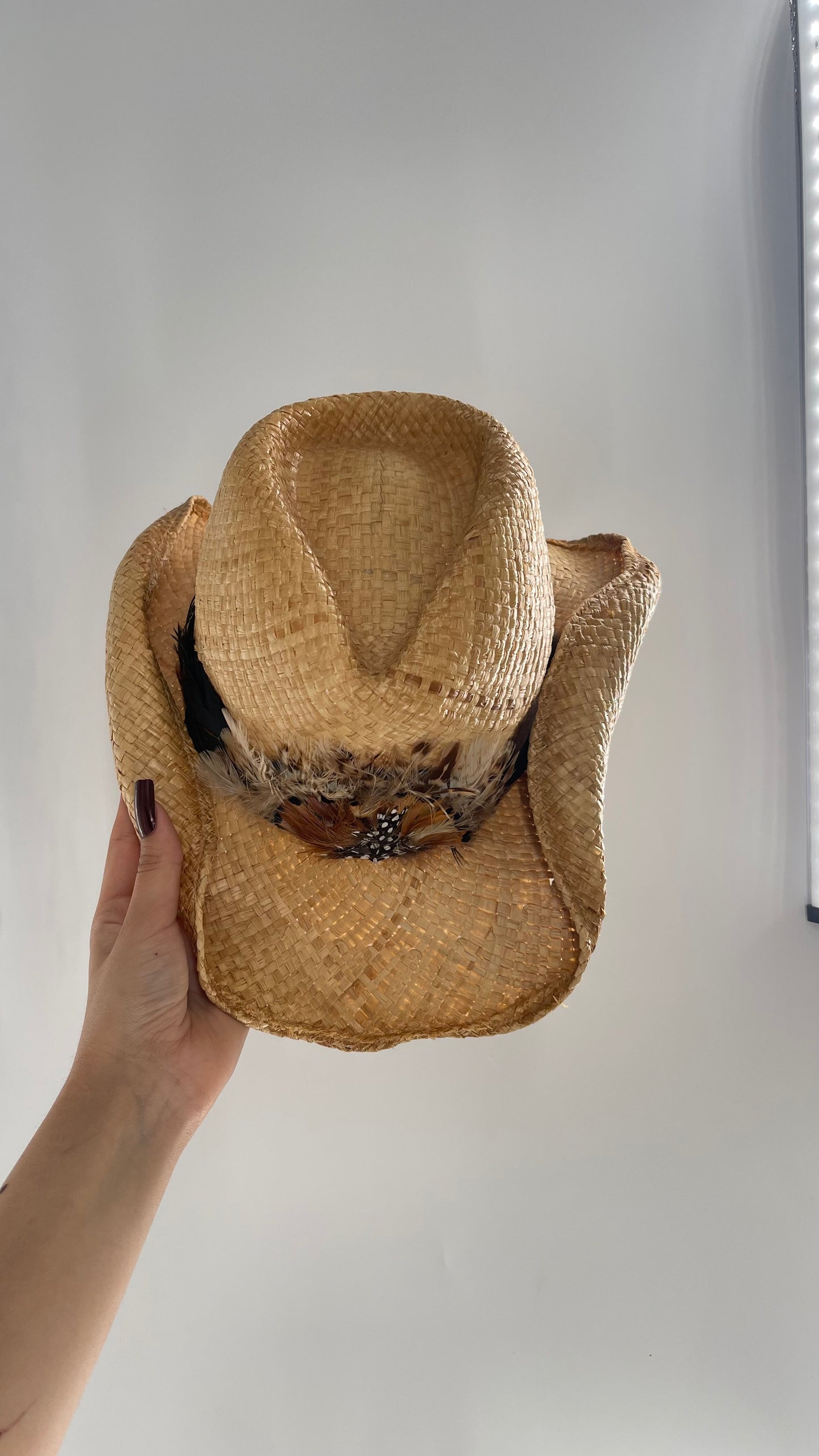 Vintage Straw Hat with Feather Band