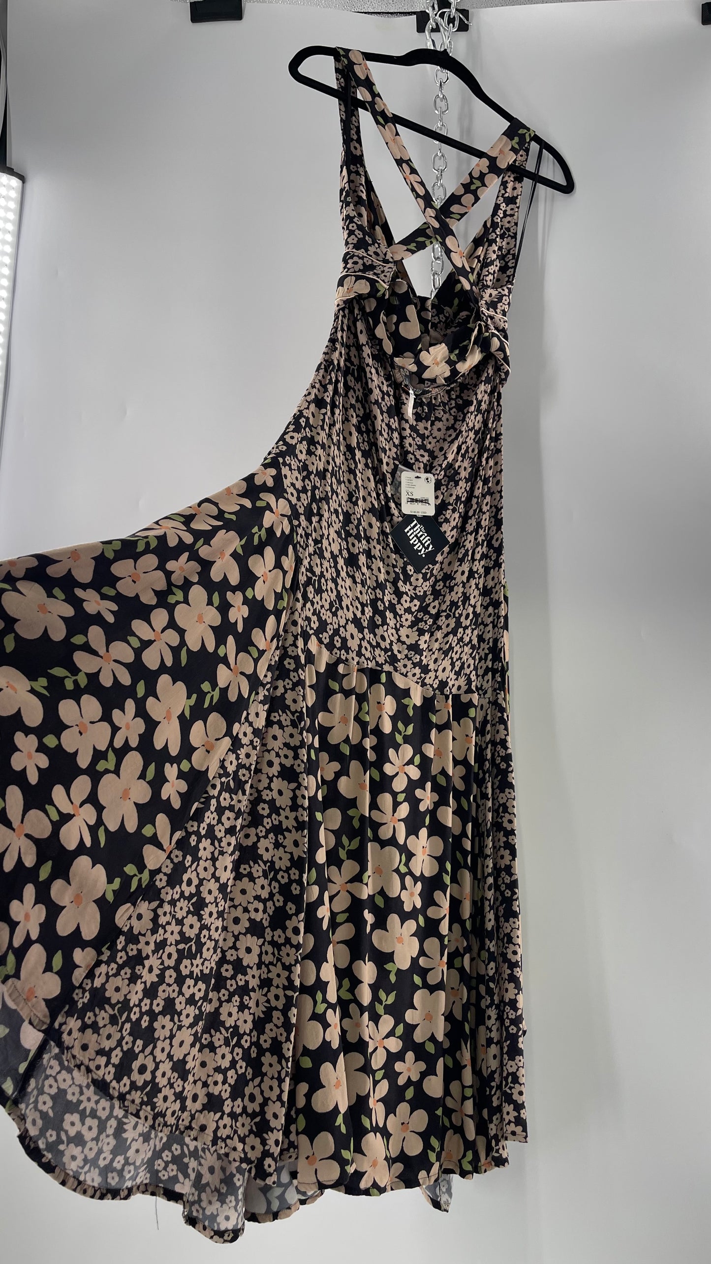 Free People Daisy Mixed Pattern Black/Beige Button Front  Full Length Dress (XS)