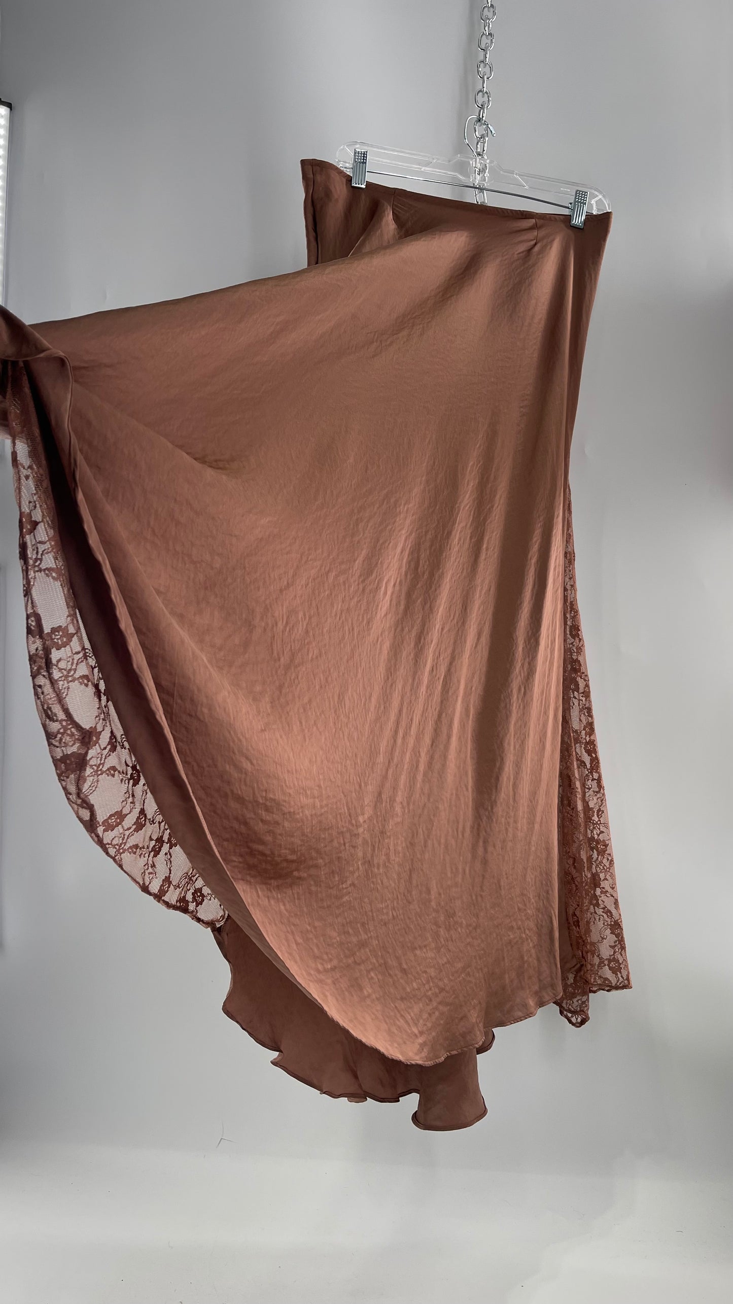 Intimately Free People Brown/Dusty Mauve Satin Maxi Skirt with Lace Paneling (Medium)