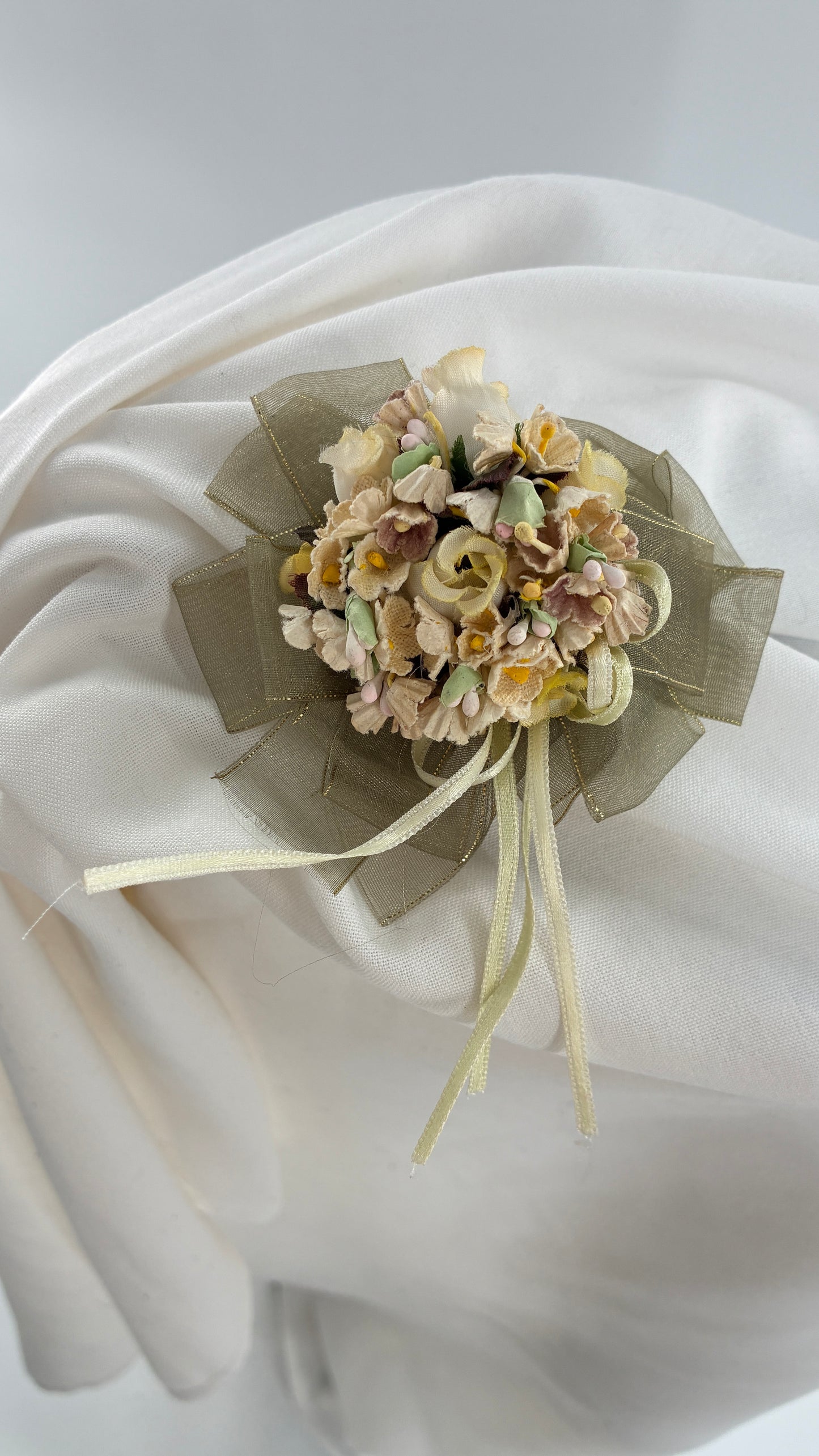 Vintage Brooch Pin with Ribbons and Handmade Fabric Flowers