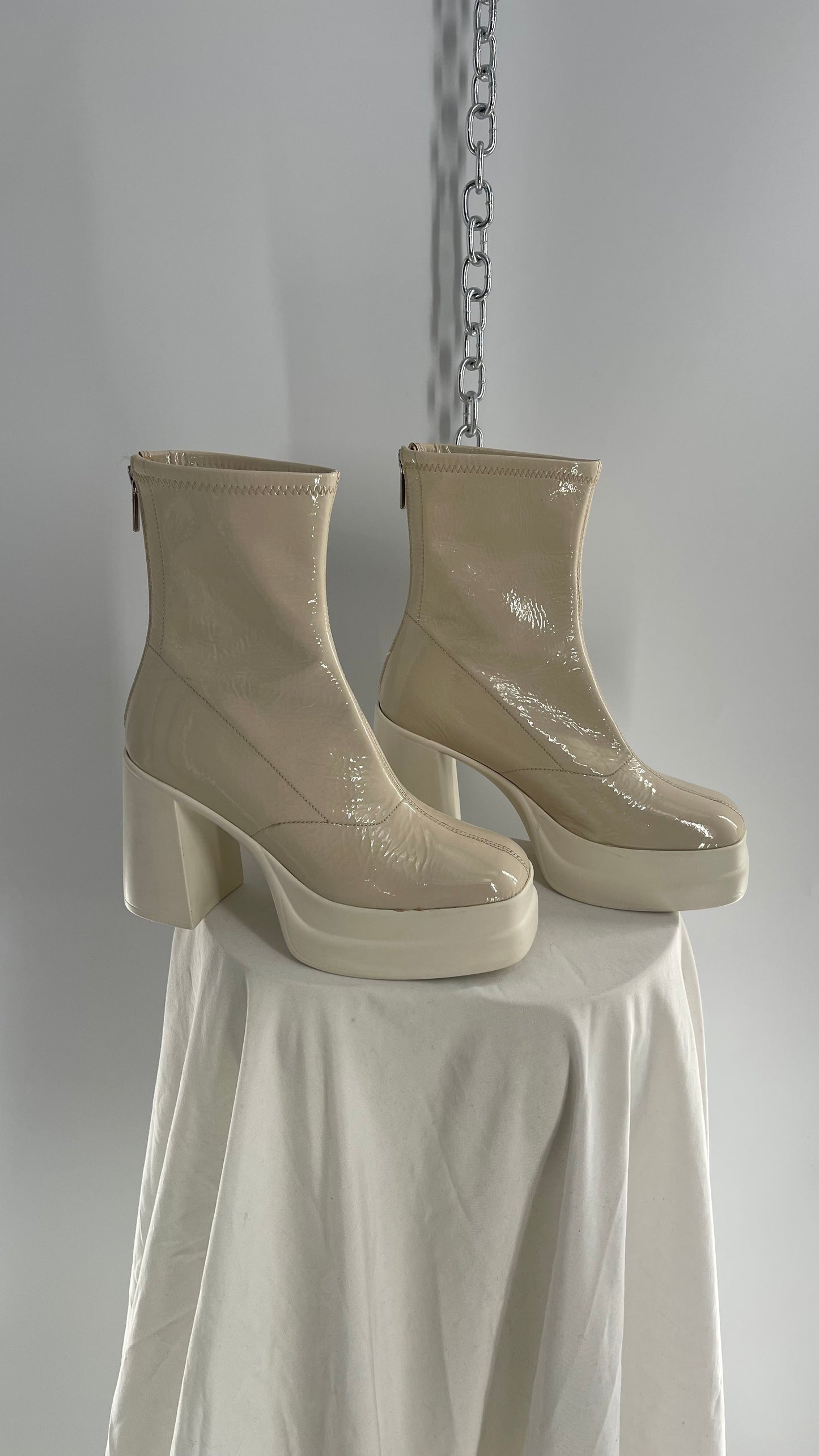 Free People Double Stack Y2k 90s Platform Off White/Cream Leather Boots (37)