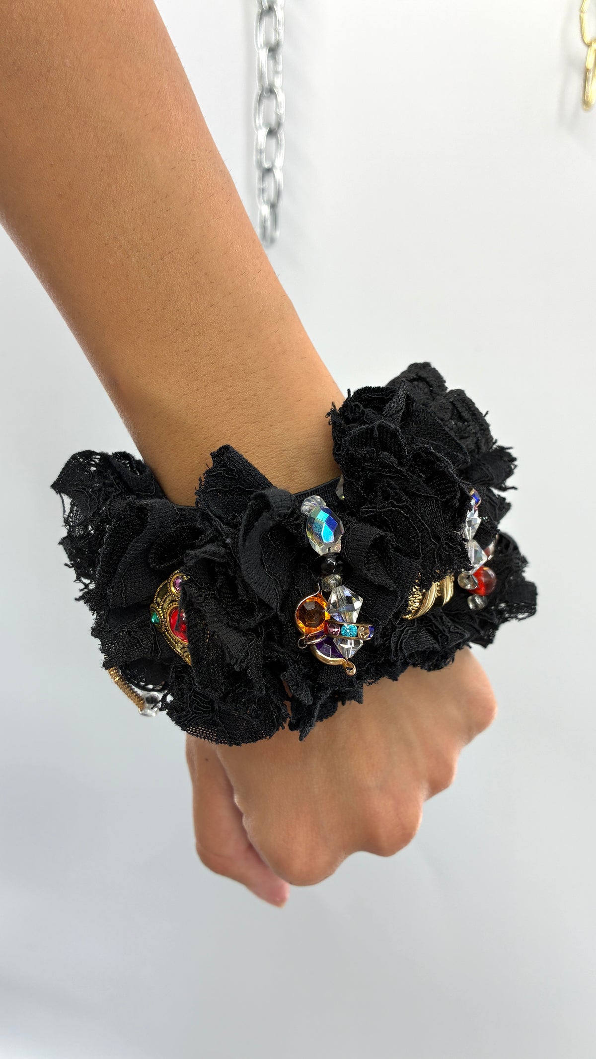 Handmade Black Rosette & Eclectic Charm Statement Cuff