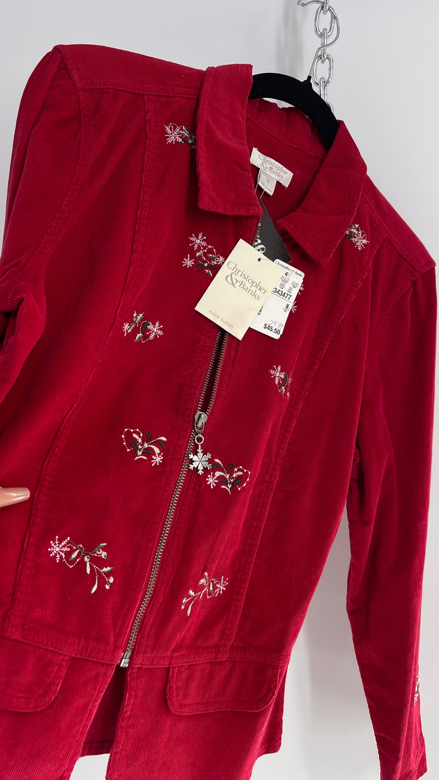 Vintage 1990s Red Corduroy Zip Front Holiday Jacket with Embroidery and Tags Attached (Medium)