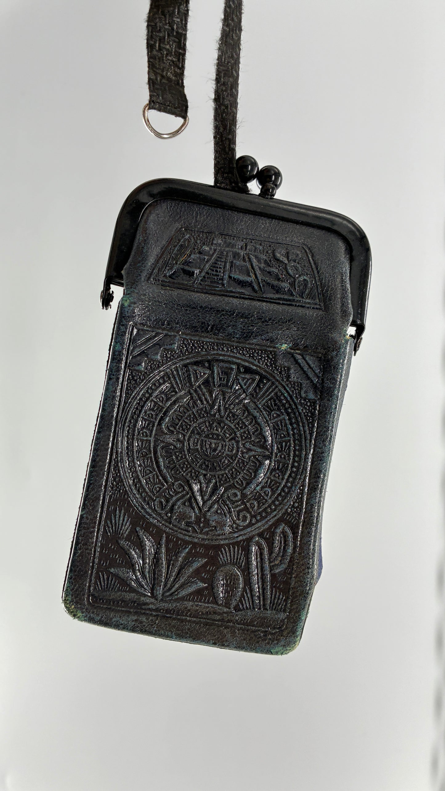 Vintage Mexican Black Engraved Leather Cigarette Pouch with Lighter Holster