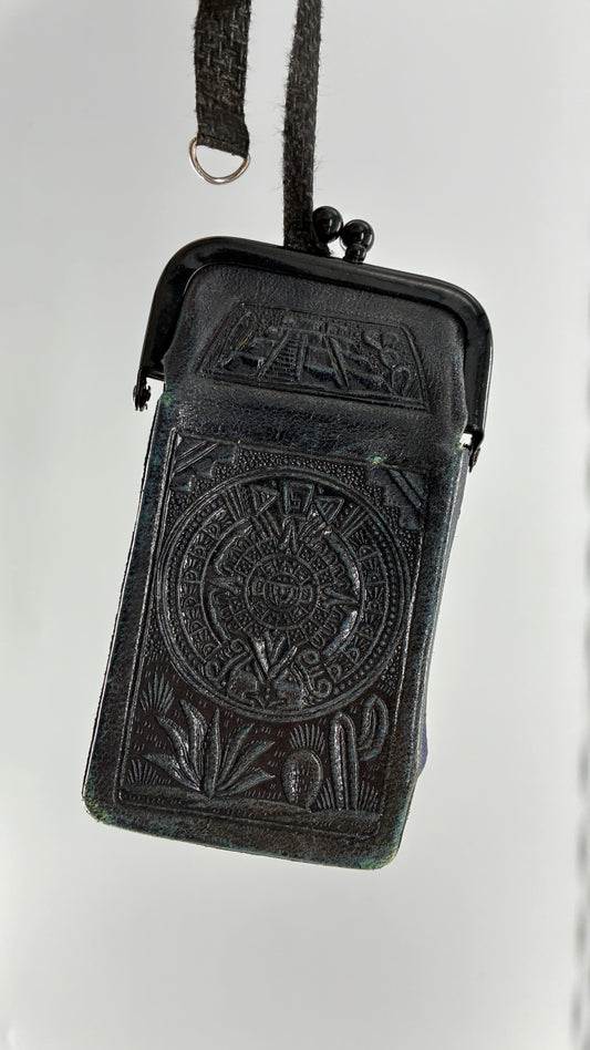 Vintage Mexican Black Engraved Leather Cigarette Pouch with Lighter Holster