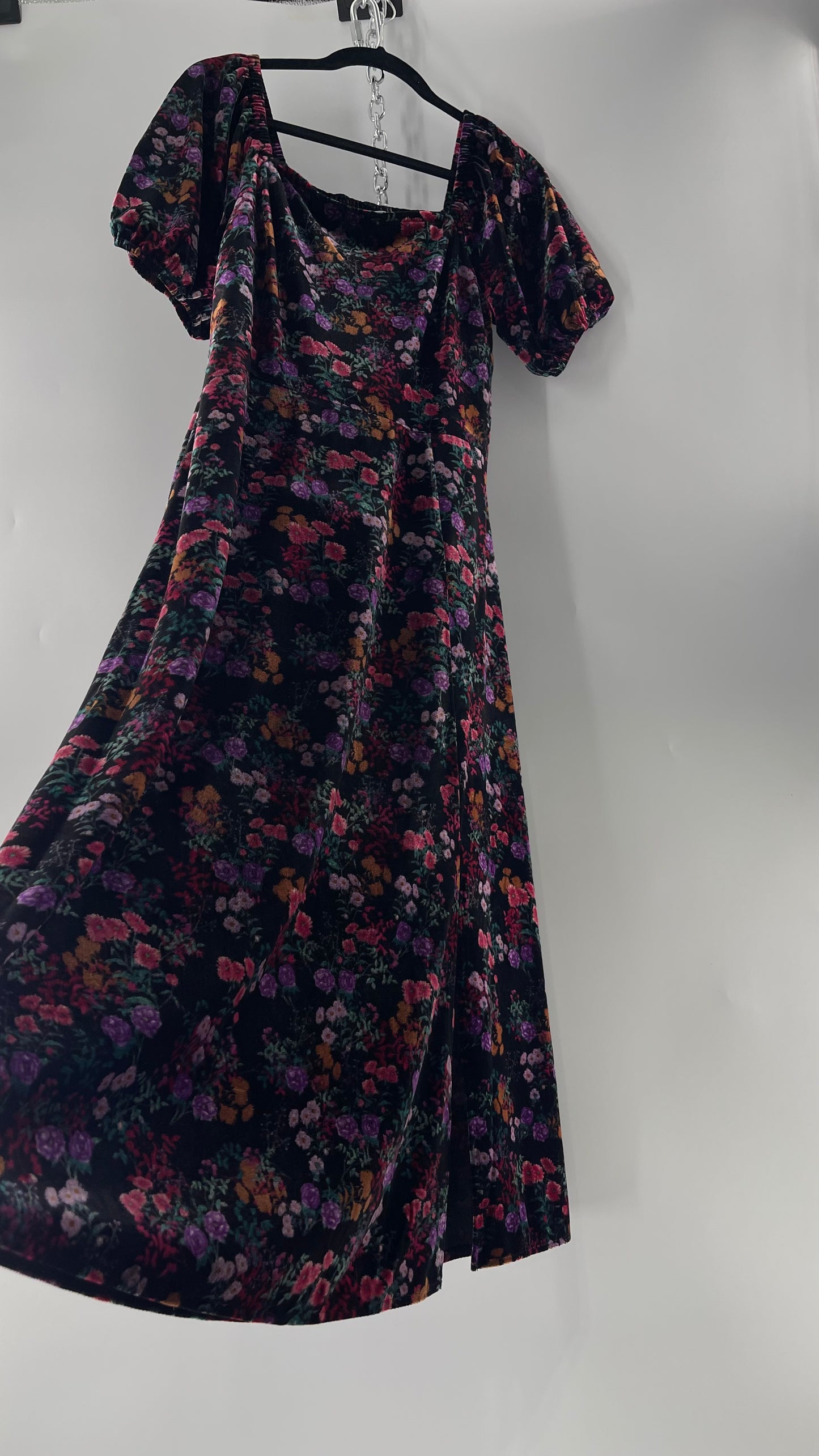 LOFT Velvet Dark Floral Full Length Dress with Puff Sleeves and Smocked Back with Tags Attached  (8)