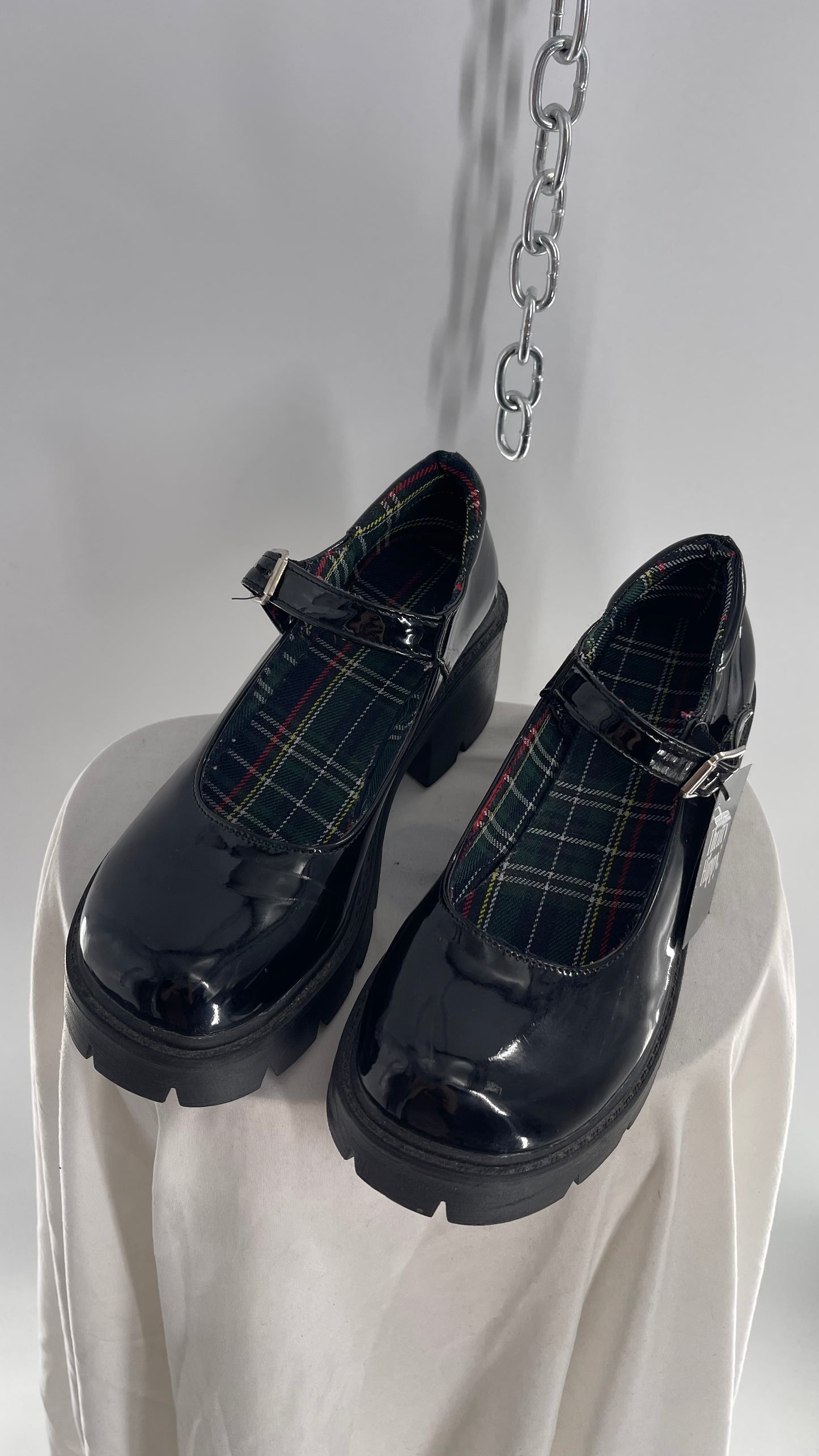 Black Patent Mary Janes with Chunky Platform and Plaid Lining (8)