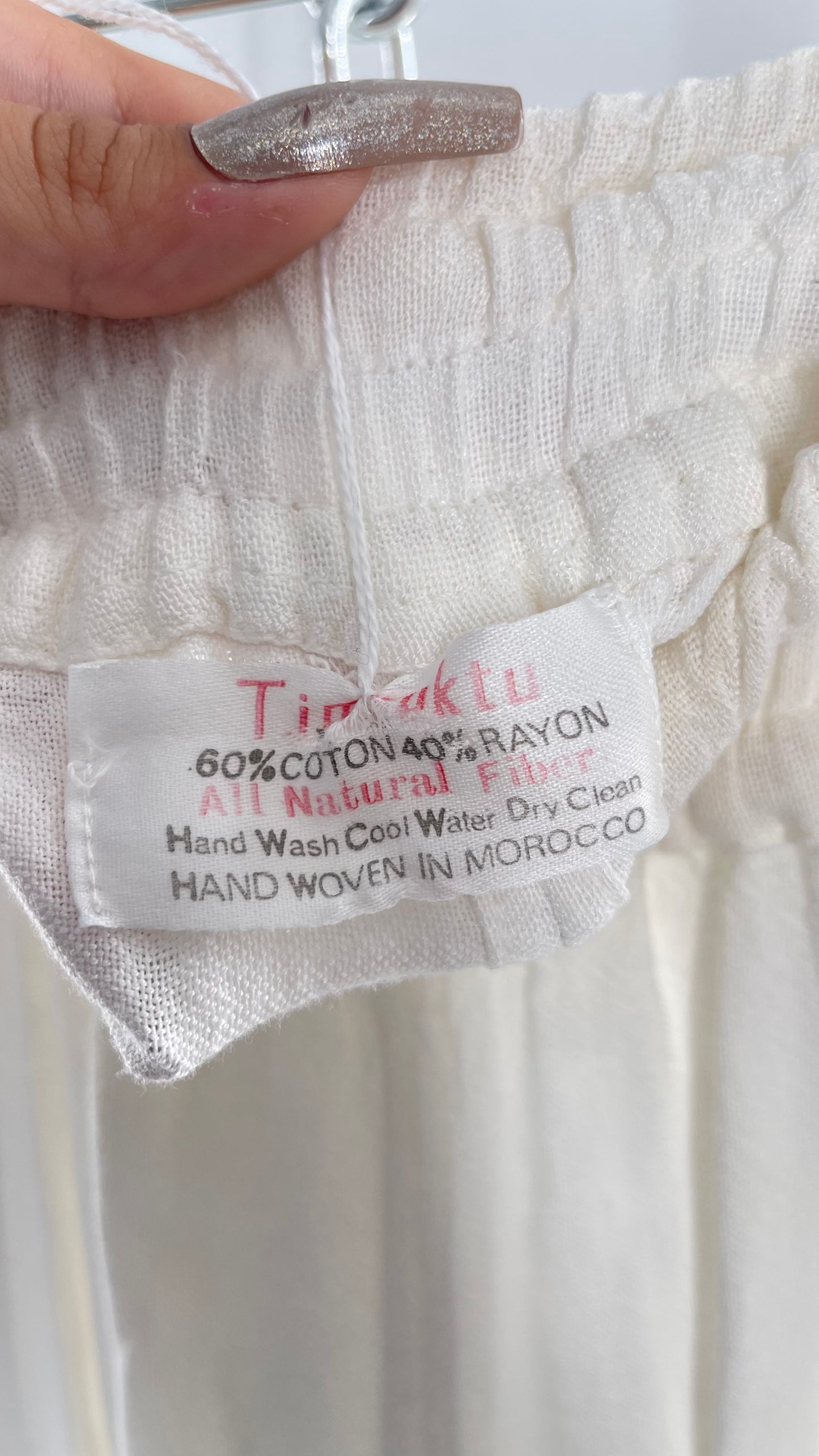 Vintage White Timsuktu 60% Cotton 40% Rayon All Natural Fiber Skirt Handwoven in Morocco with Draping Hem Detail (L/XL)