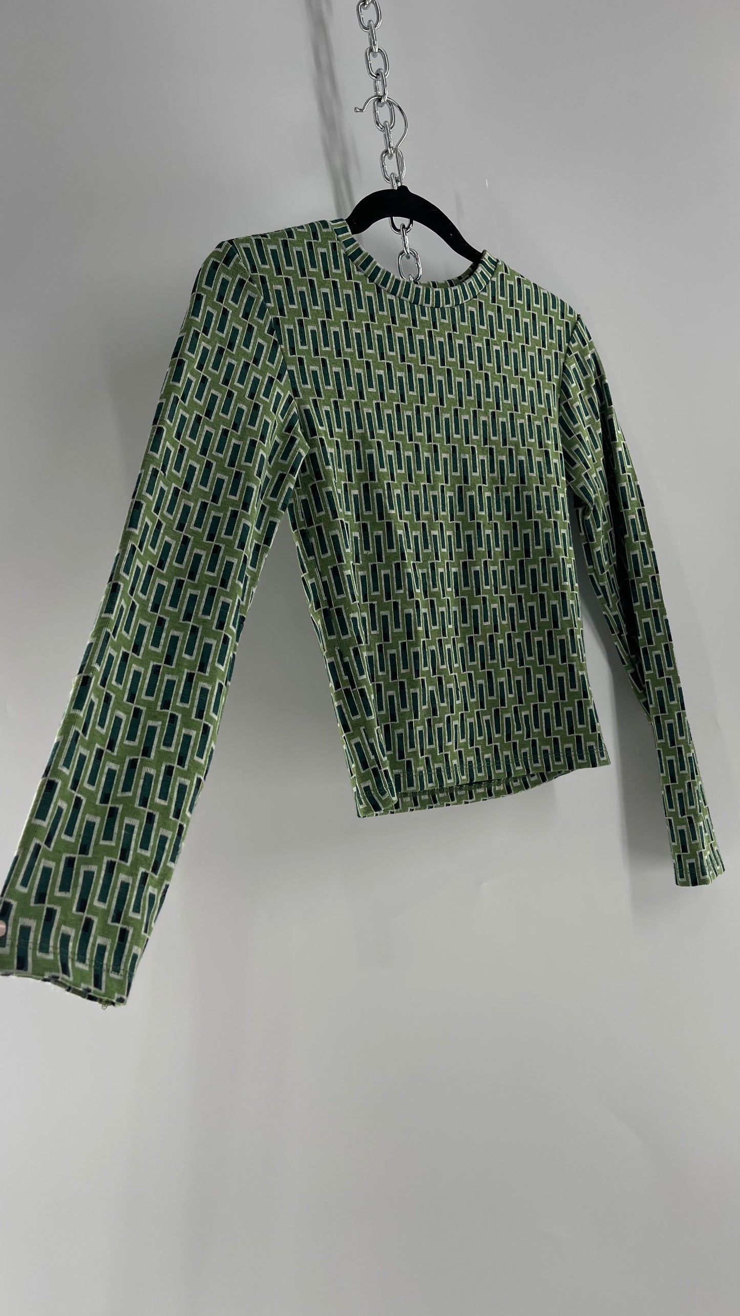 ZARA Retro Mock Neck Green Patterned Long Sleeve (Small)