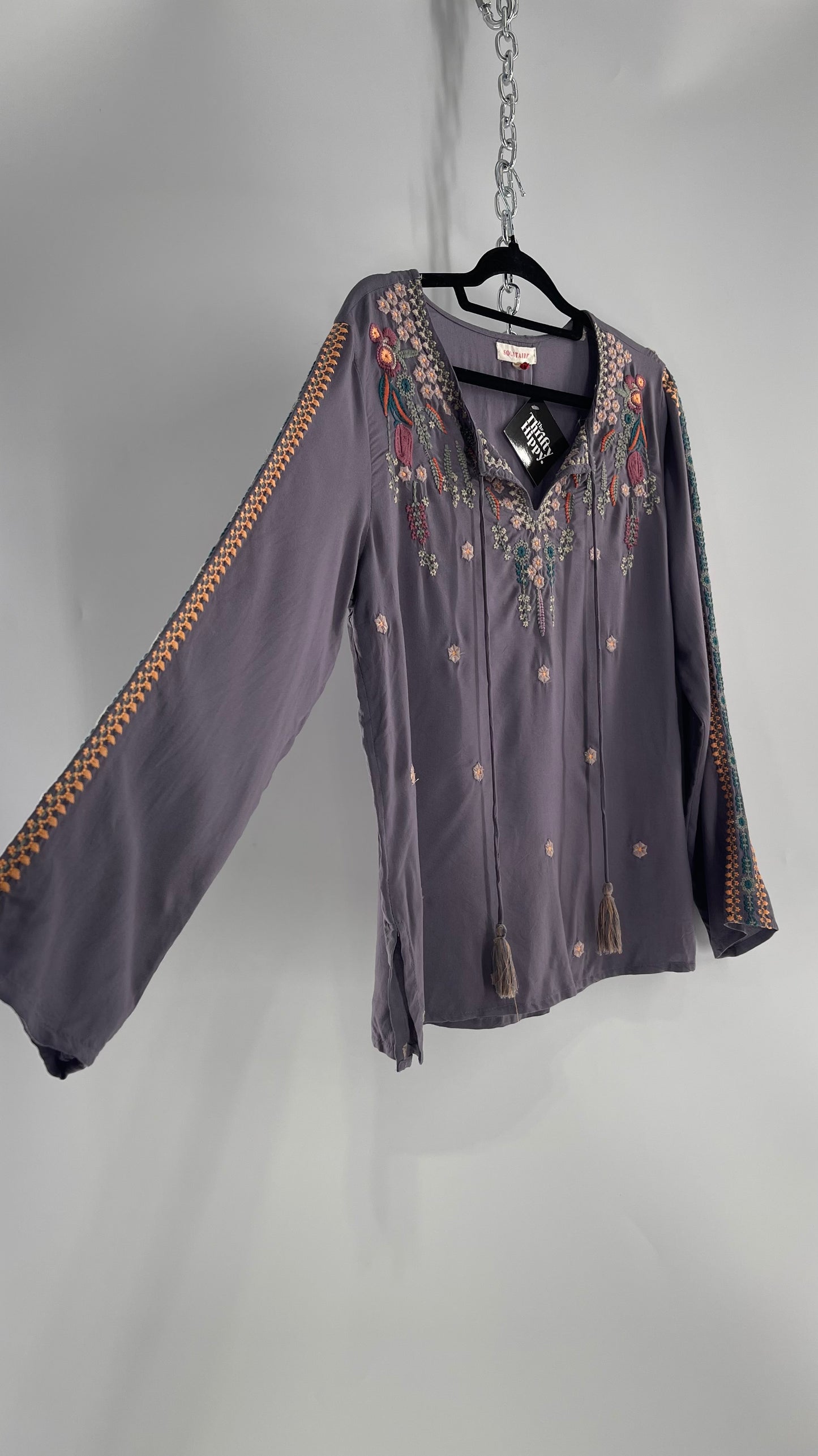 Anthropologie Solitaire Dusty Gray/Purple Embroidered Tunic Blouse (Medium)