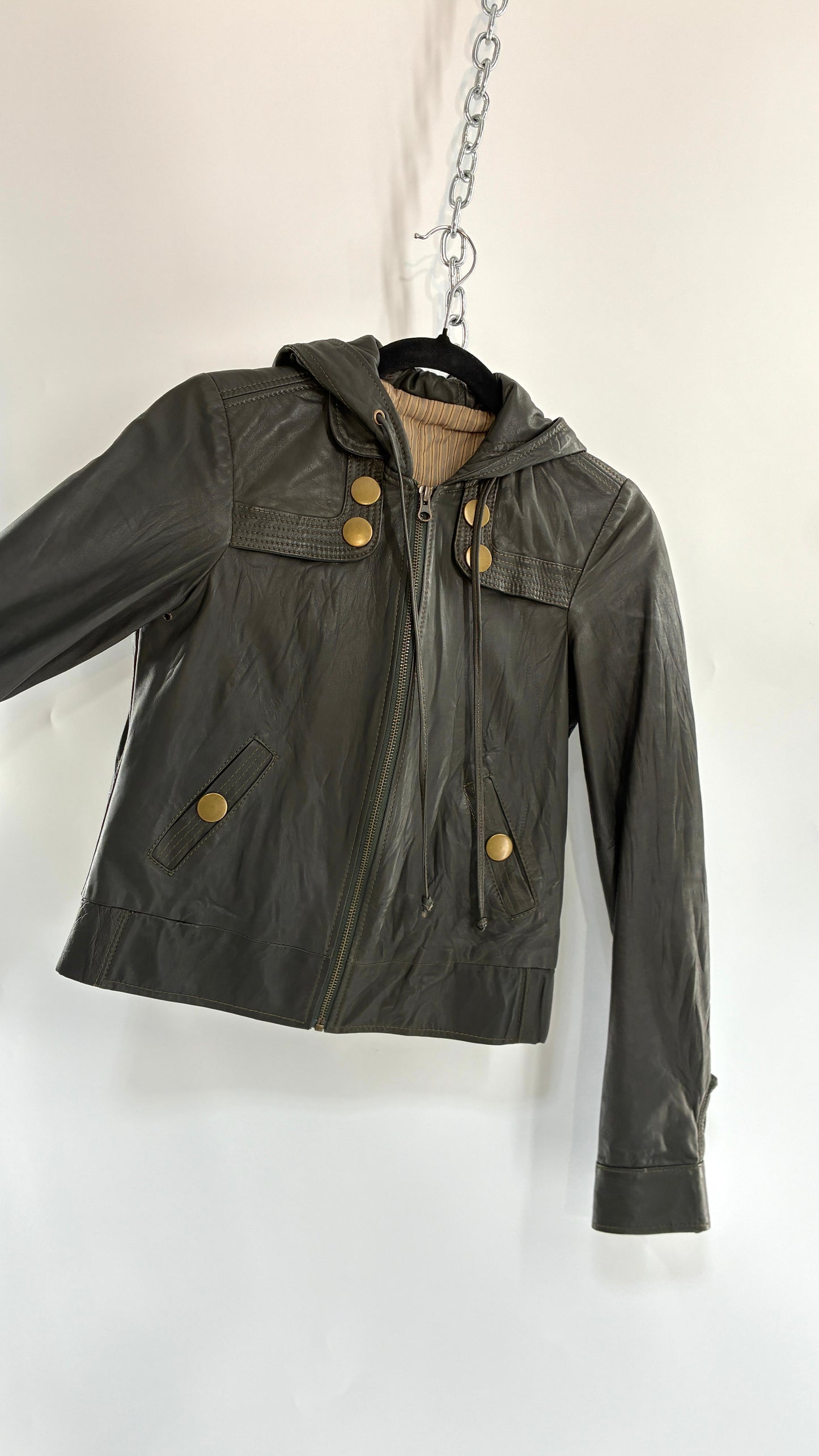 Vintage MIKE & CHRIS Grey Genuine Leather Hoodie Style Zip Front Jacket with Oversized Bronze Buttons and Contrast Stitching (XS)
