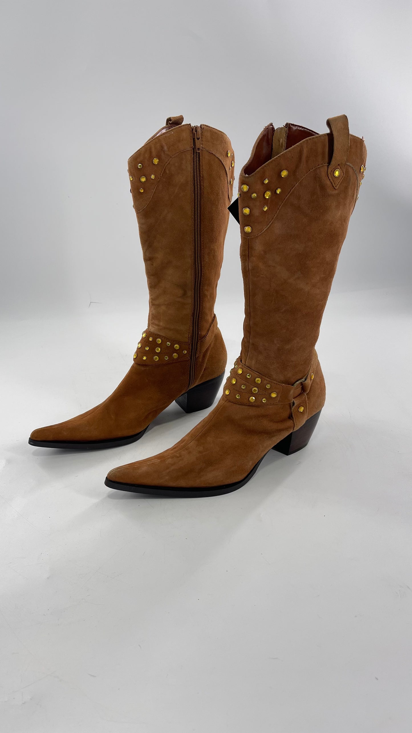 Vintage STEVEN Tan Suede Pointed Cowboy Boots with Yellow Crystal Embellishments (9.5)