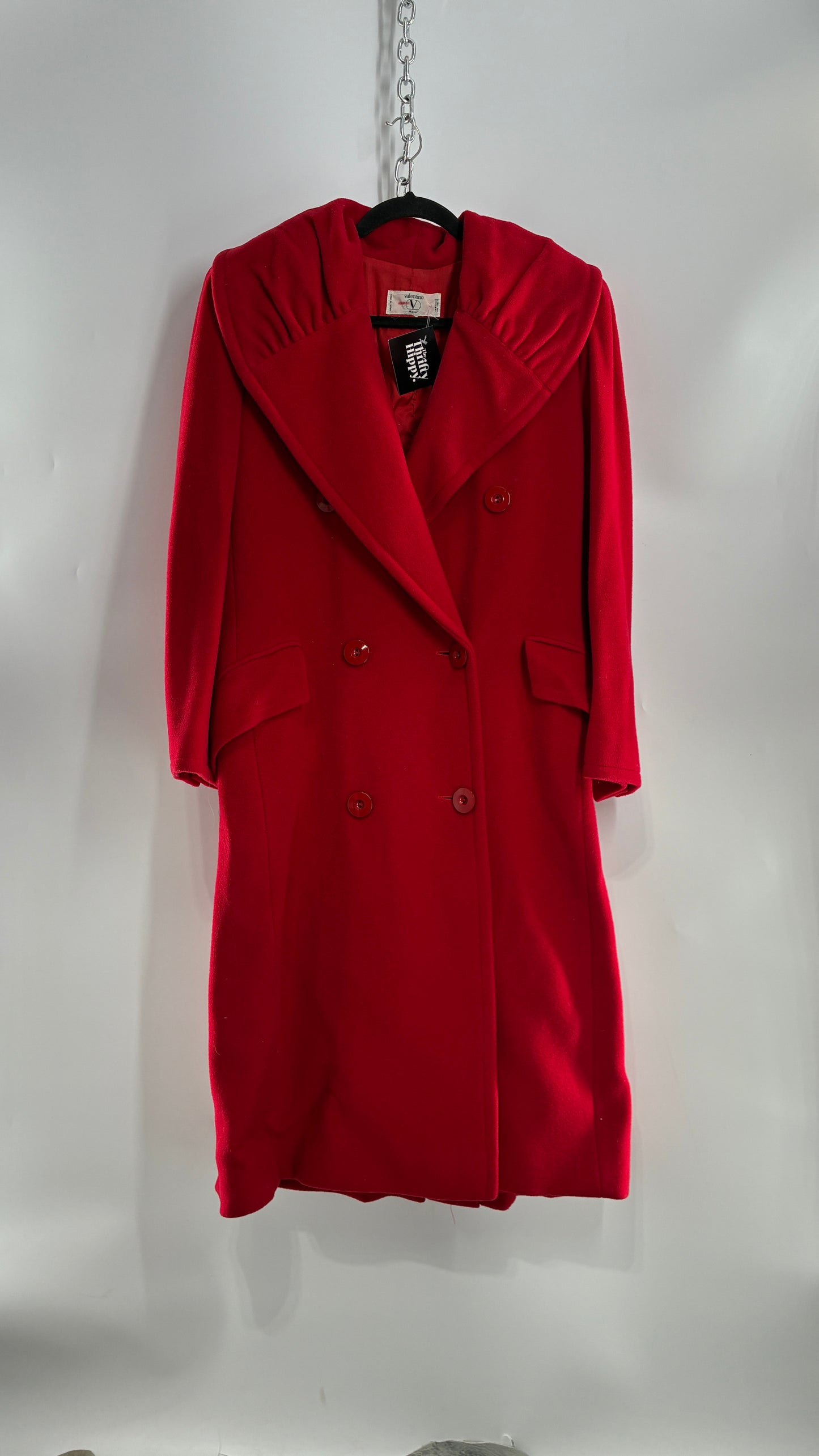 Vintage VALENTINO Miss V Red Sweeping, Tie Back and Pleated/Draped Collar Coat