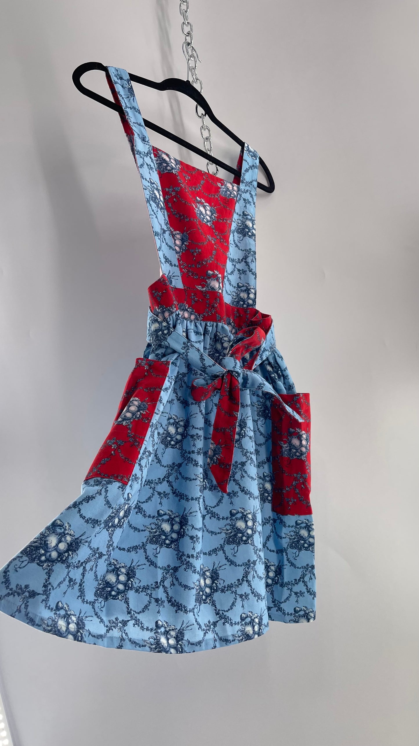 Vintage Apron Red and Baby Blue Floral/Citrus Patterned Mini Dress with Tie Around Bow (S\M)