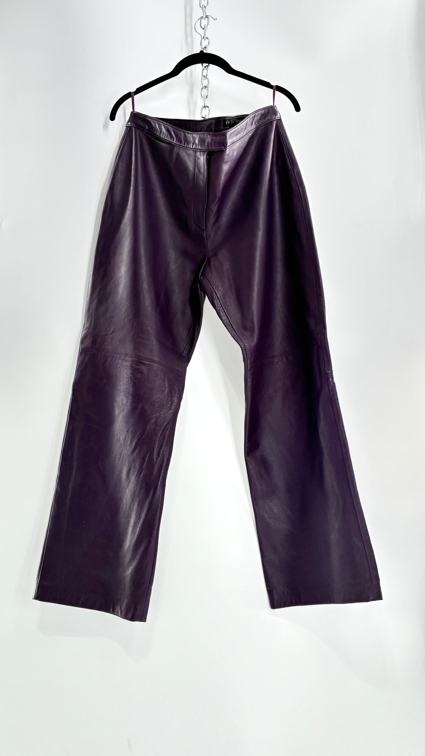 Vintage SHIN CHOI Genuine Italian Leather Purple Side Closure Low Rise Pants (12)