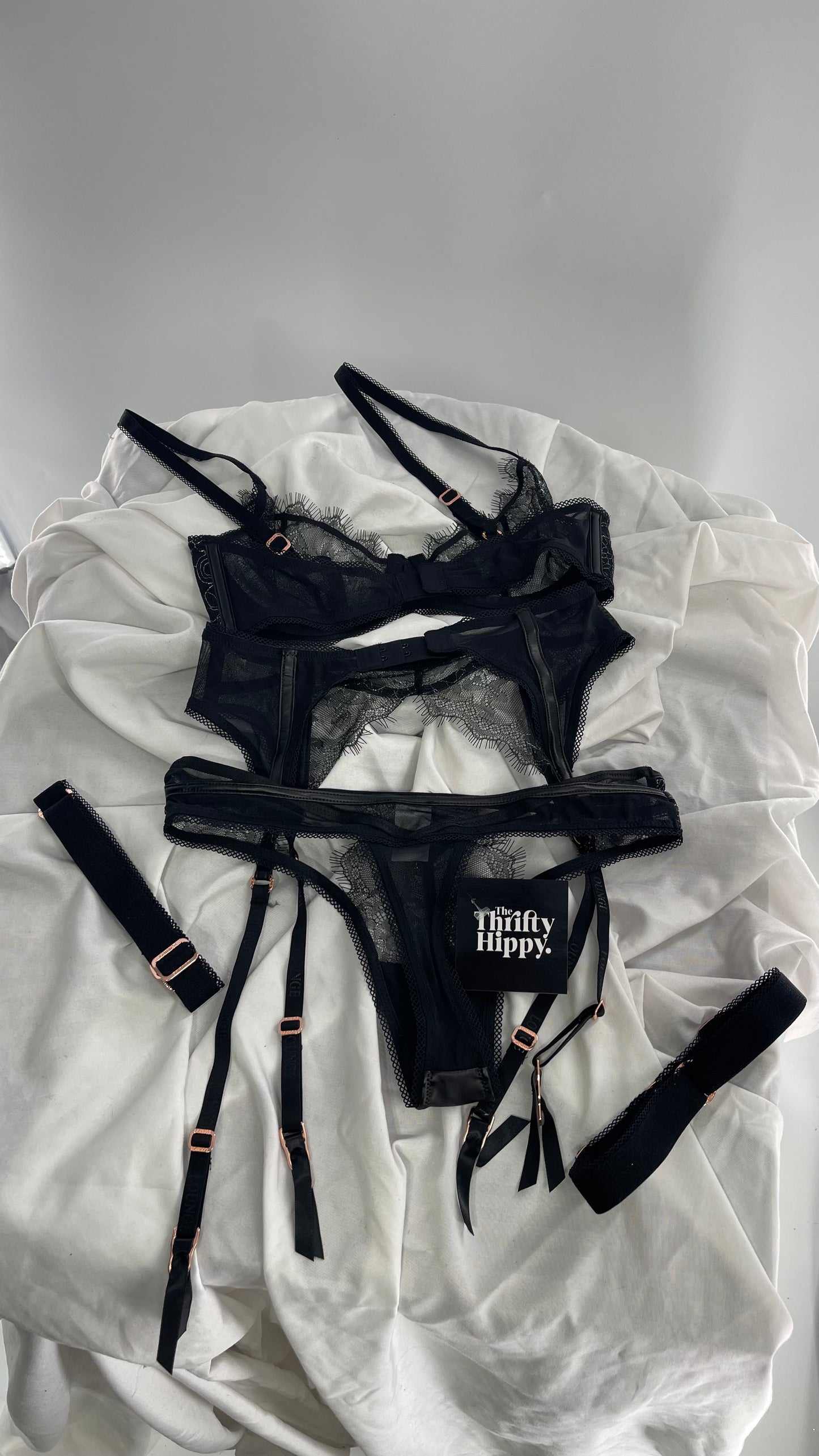LOUNGE Black and Silver Lace Pandora Bra, Garter, and Panty Set NWOT (32C,XS)