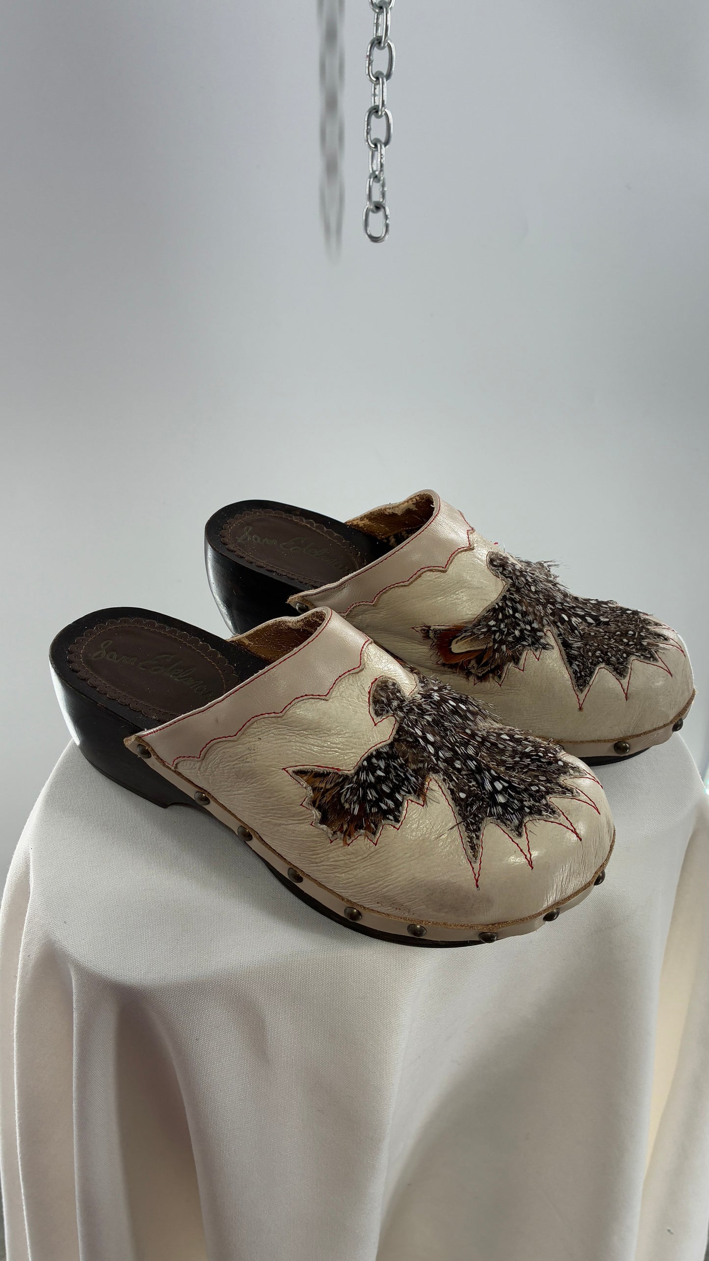 RARE 1970s Vintage SAM EDELMAN Cream Leather Clog with Feathered Phoenix (8)