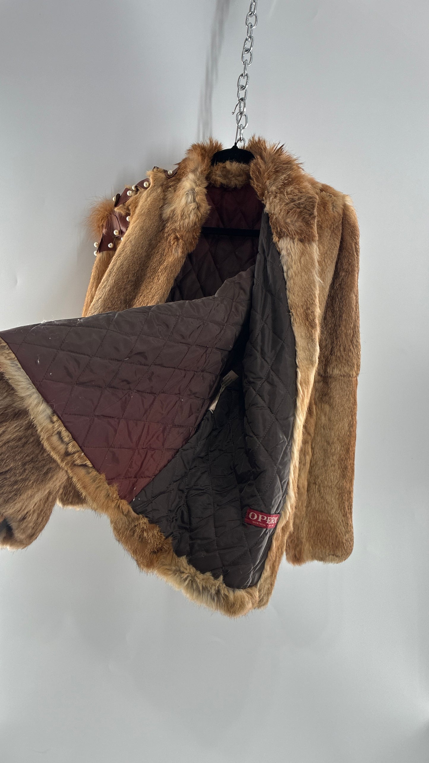 Vintage OPERA Montreal New York Genuine Fur Coat with Pearl Embellished Leather Flower Appliqués (Medium)