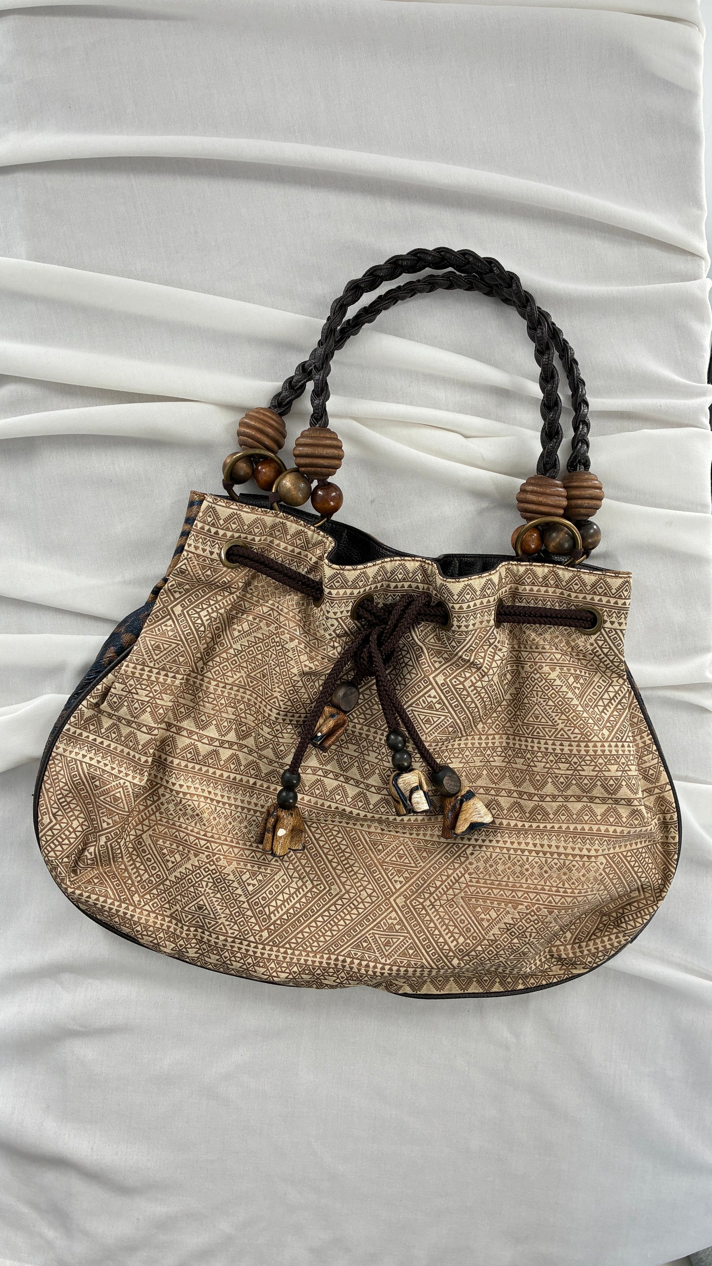 Vintage Oversized Animal Print Slouchy Bag with Braided Leather Strap and Beaded Details