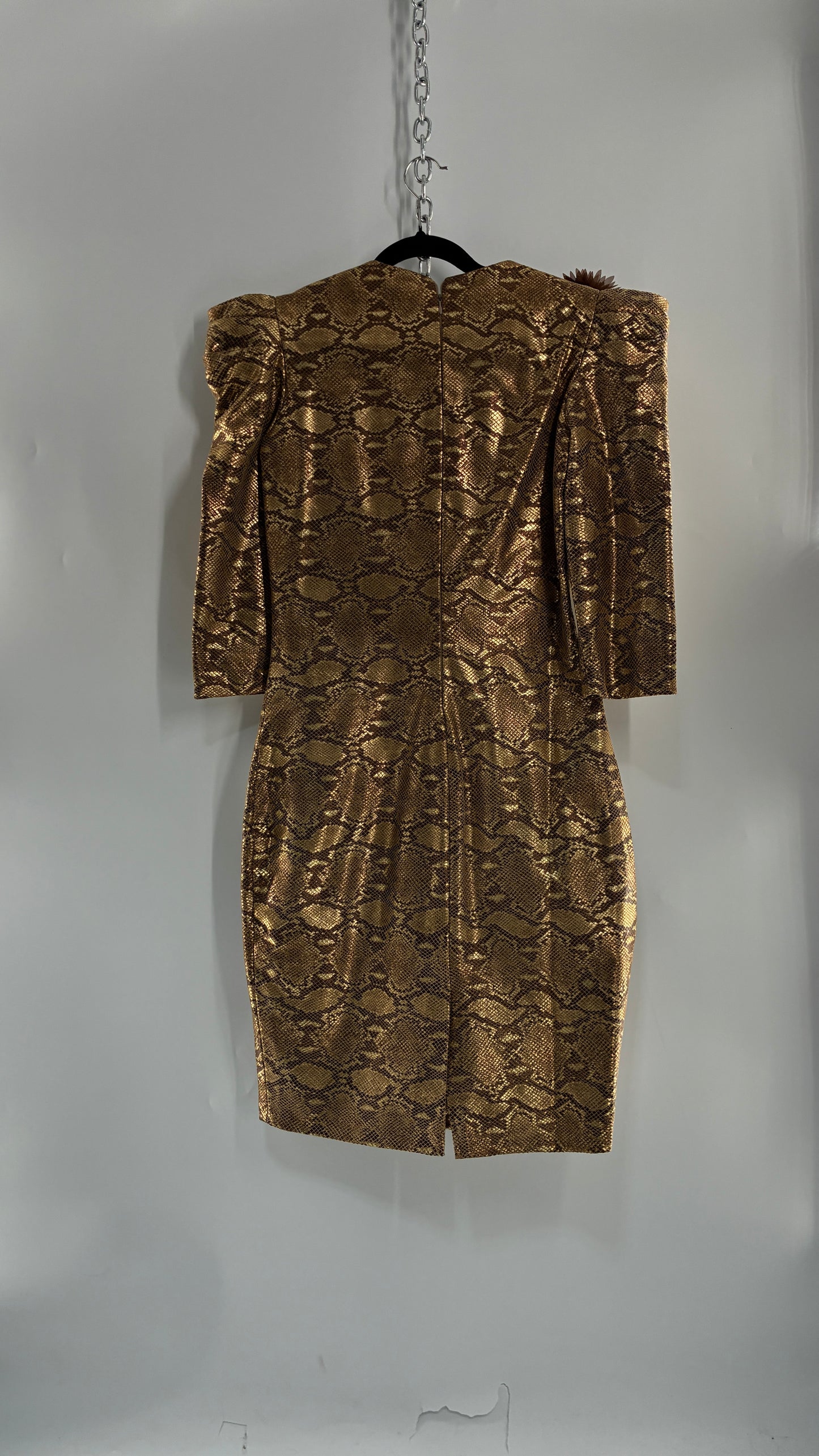 Vintage 1980s Handmade Genuine Leather Snakeskin Bronze Midi Dress with Floral Appliqués (Medium, See Measurements)