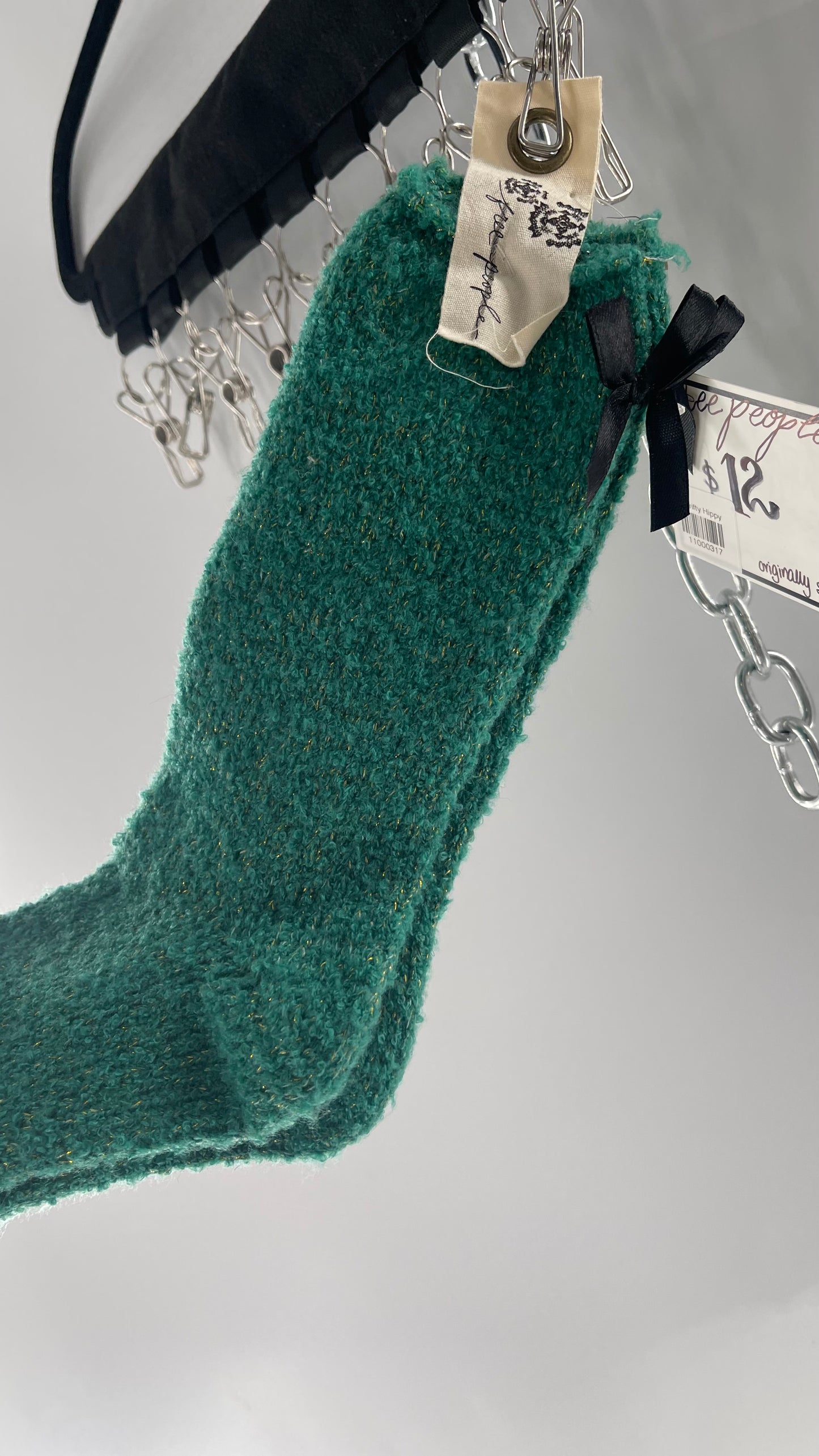 Free People Festive Green Socks with Gold Tinsel and Black Satin Bow Detail