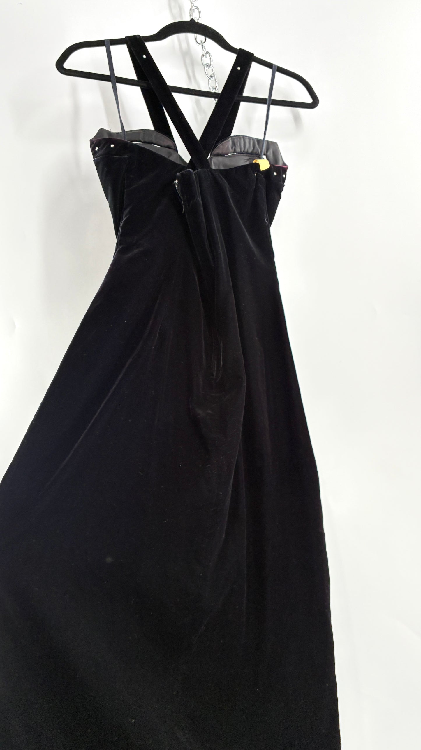 Vintage Handmade Velvet Gown with Pointed Bust Lined in Rhinestones and Dramatic Side Slit (S/M)
