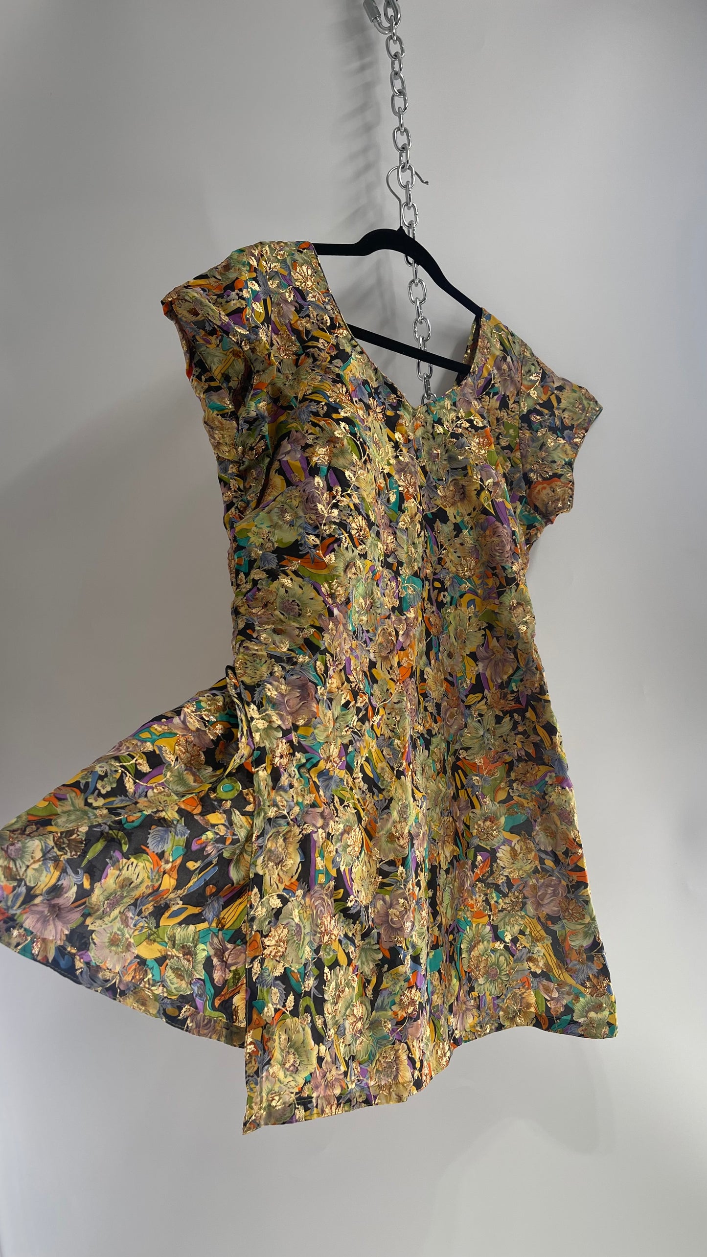 Vintage Imported Contrasting Floral Side Slit Tunic Silk with Hand Painted Glitter Details (Medium)