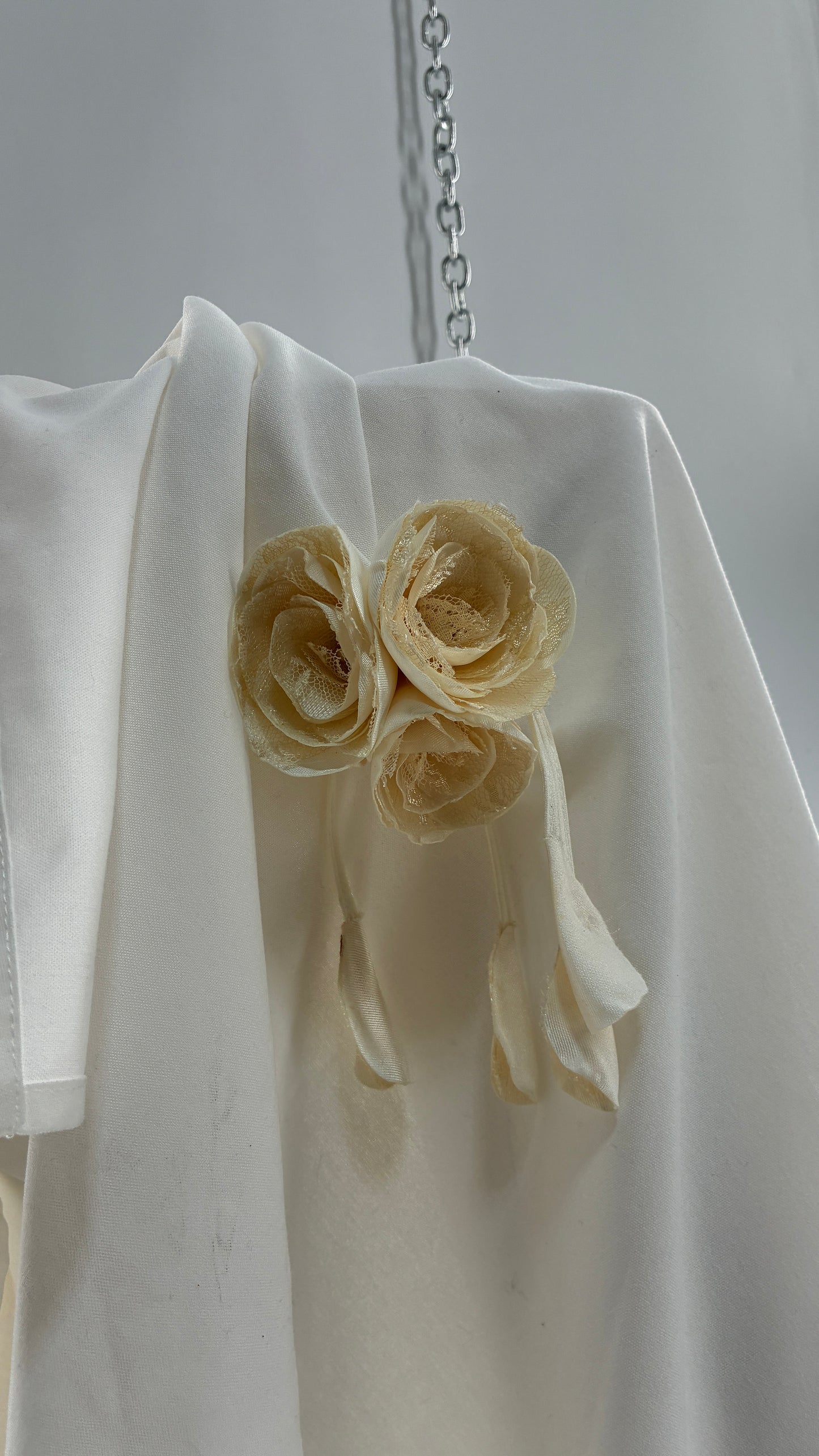 Vintage Brooch Pin: Oversized Rosette Cluster of Handmade Off White Satin and Lace Flowers with Pearl Center