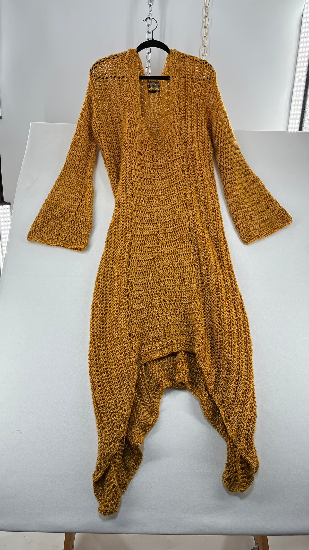Vintage AUDRIE DESIGNS Mustard Crochet Bell Sleeve Duster Sweater Gown, Hand Knit  (OS)