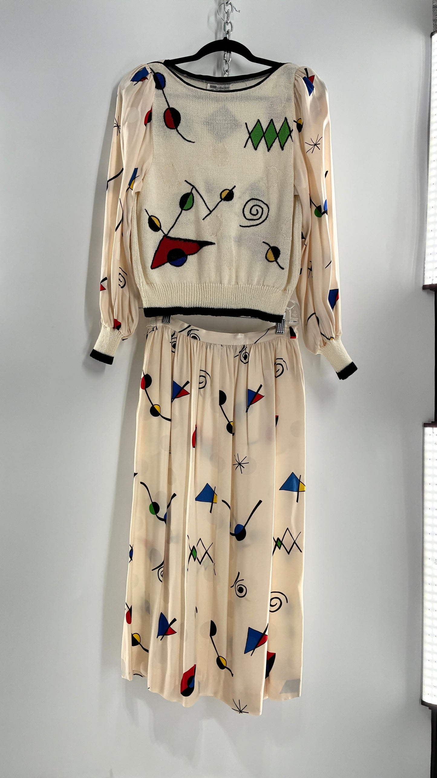 Vintage 1980s UMI collections by Anne Crimmins Off White 2 Piece Set with Abstract Embroidered Designs and 100% Silk Polka Dot Print Skirt (Medium Sweater, 8 Skirt)