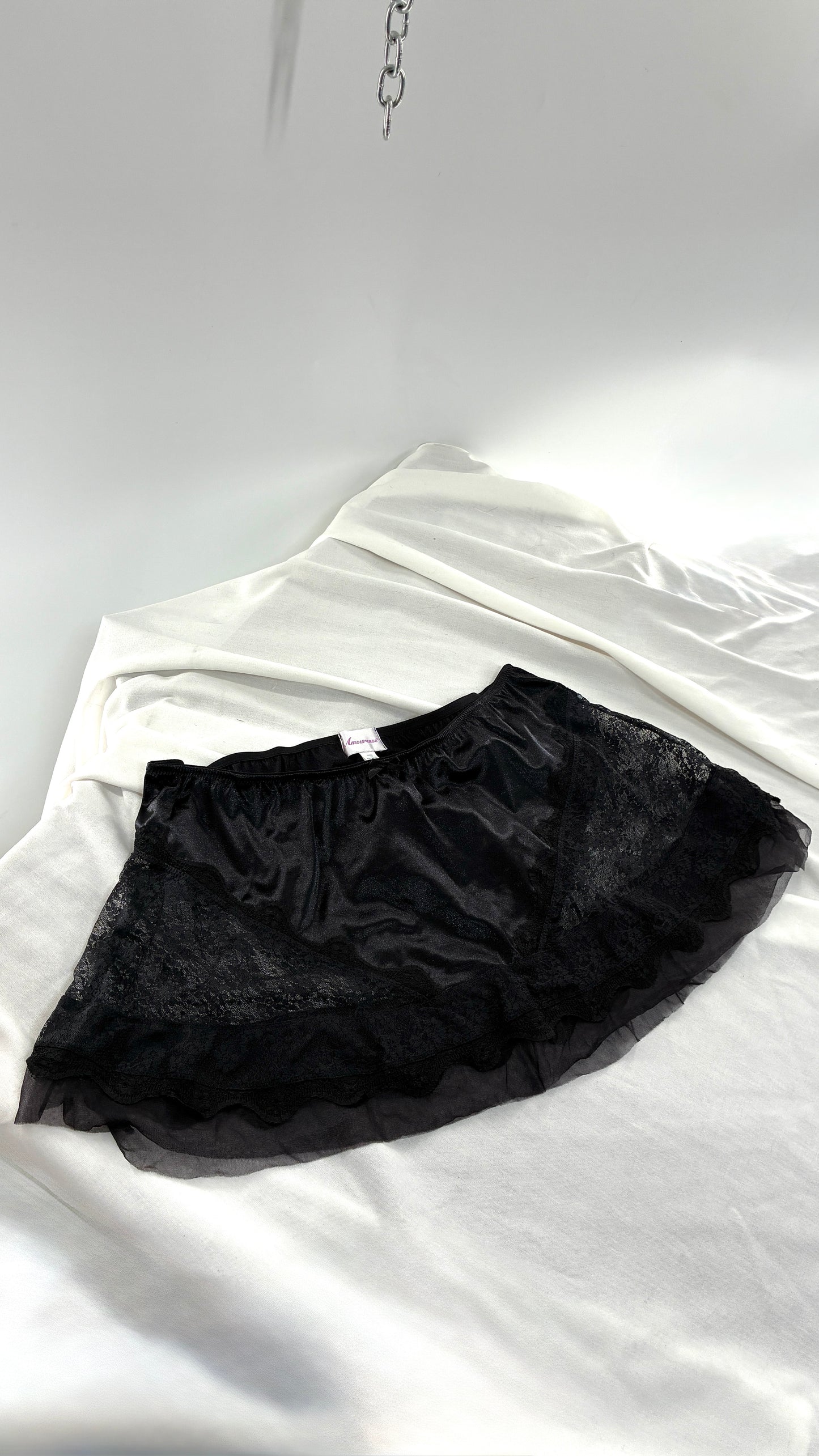 Vintage AMOUREUSE Black Satin Mini Skirt with Lace Hip Panels  (1X)