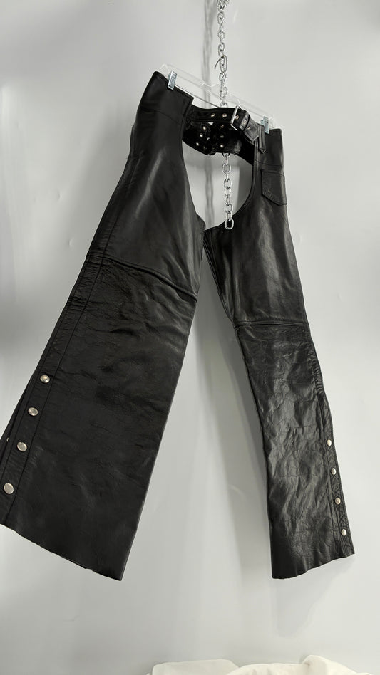 Vintage Xelement Black Genuine Leather Motorcycle Chaps with Side Zipper and Button Closure (34)