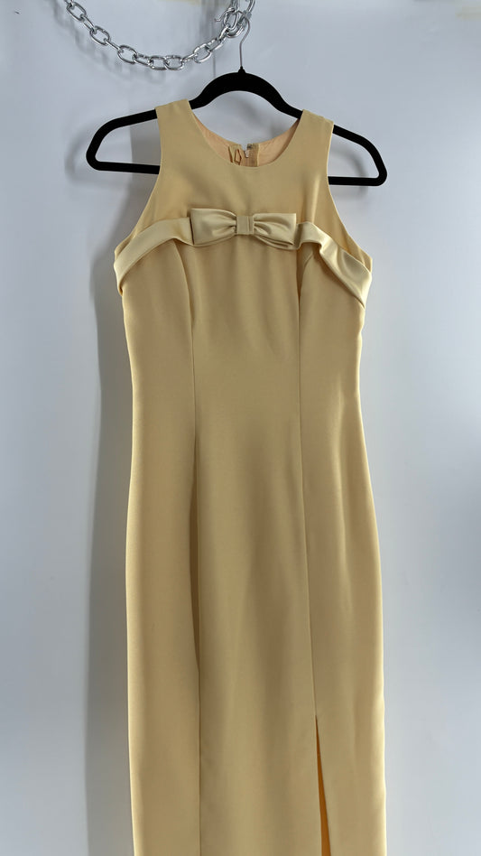 Vintage ALYCE’S Baby Yellow High Neck Satin Bow Bust, Side Slit, Button Back Gown (Measured)