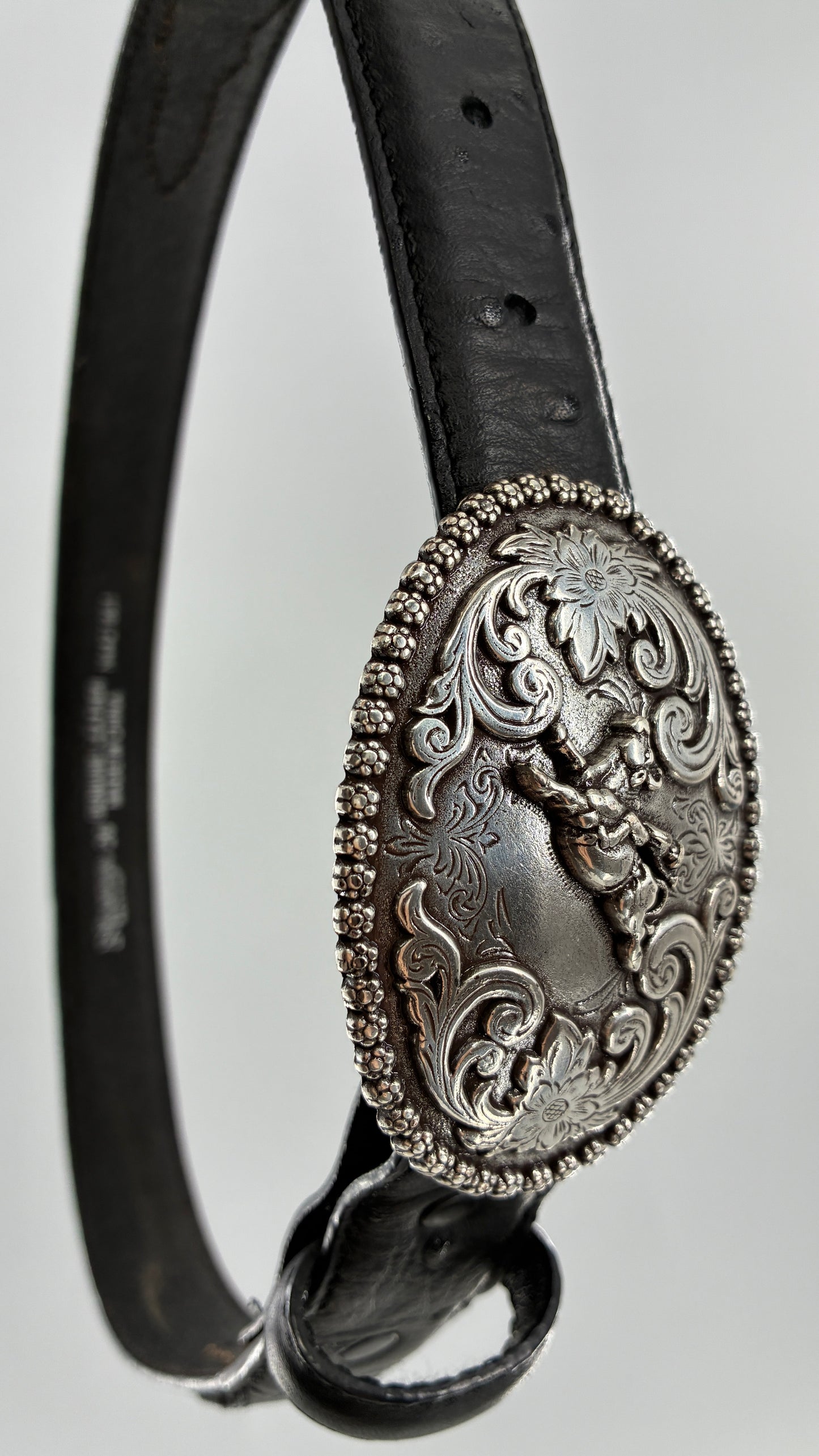 Vintage NOCONA Black Leather Western Style Belt with Oversized Engraved Cowboy Buckle (26)
