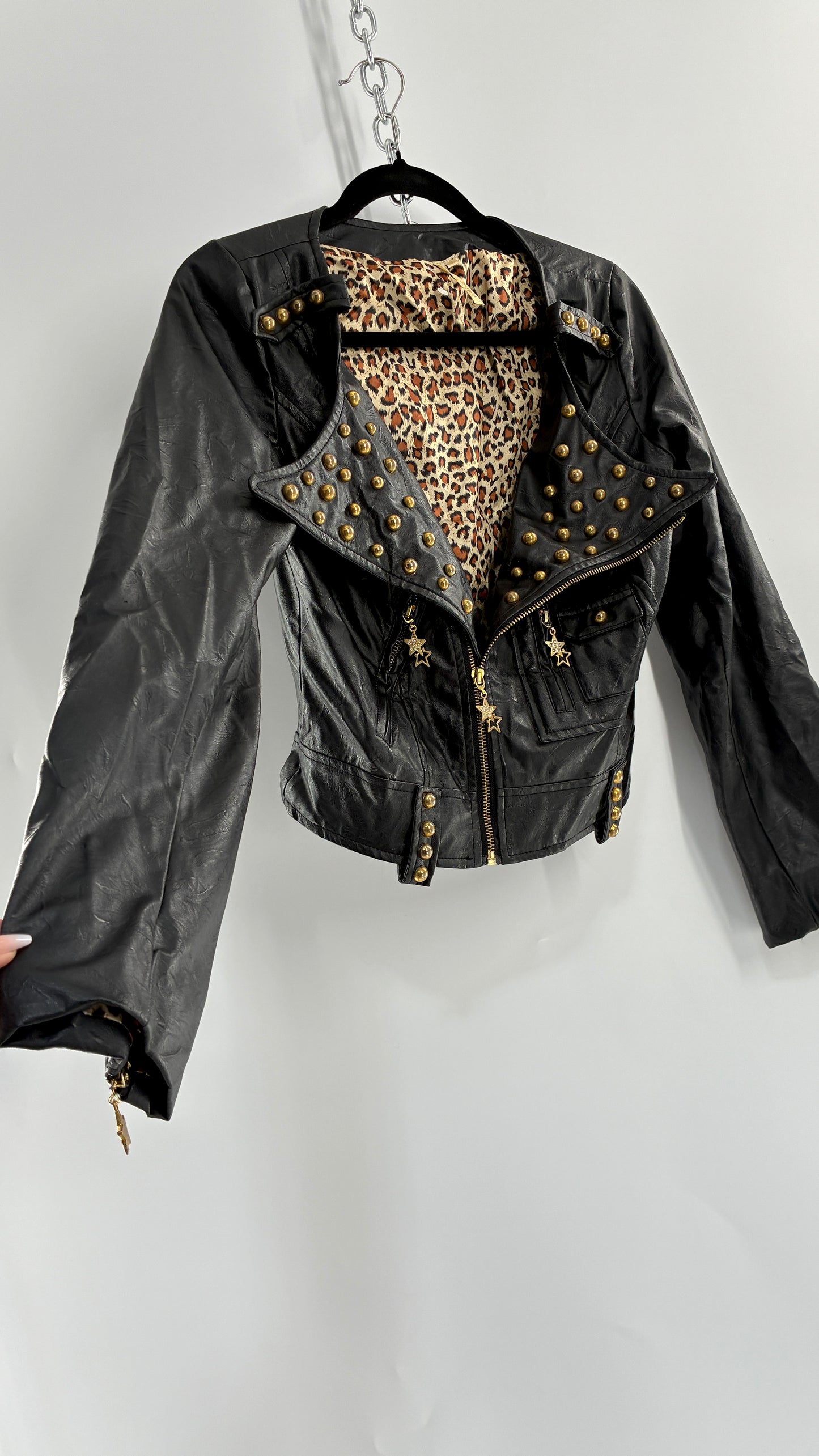 Vintage Black Vegan Leather Jacket with Oversized Lapel, Belt Loops and Pockets Covered in Heavy Duty Gold Studs (Small)