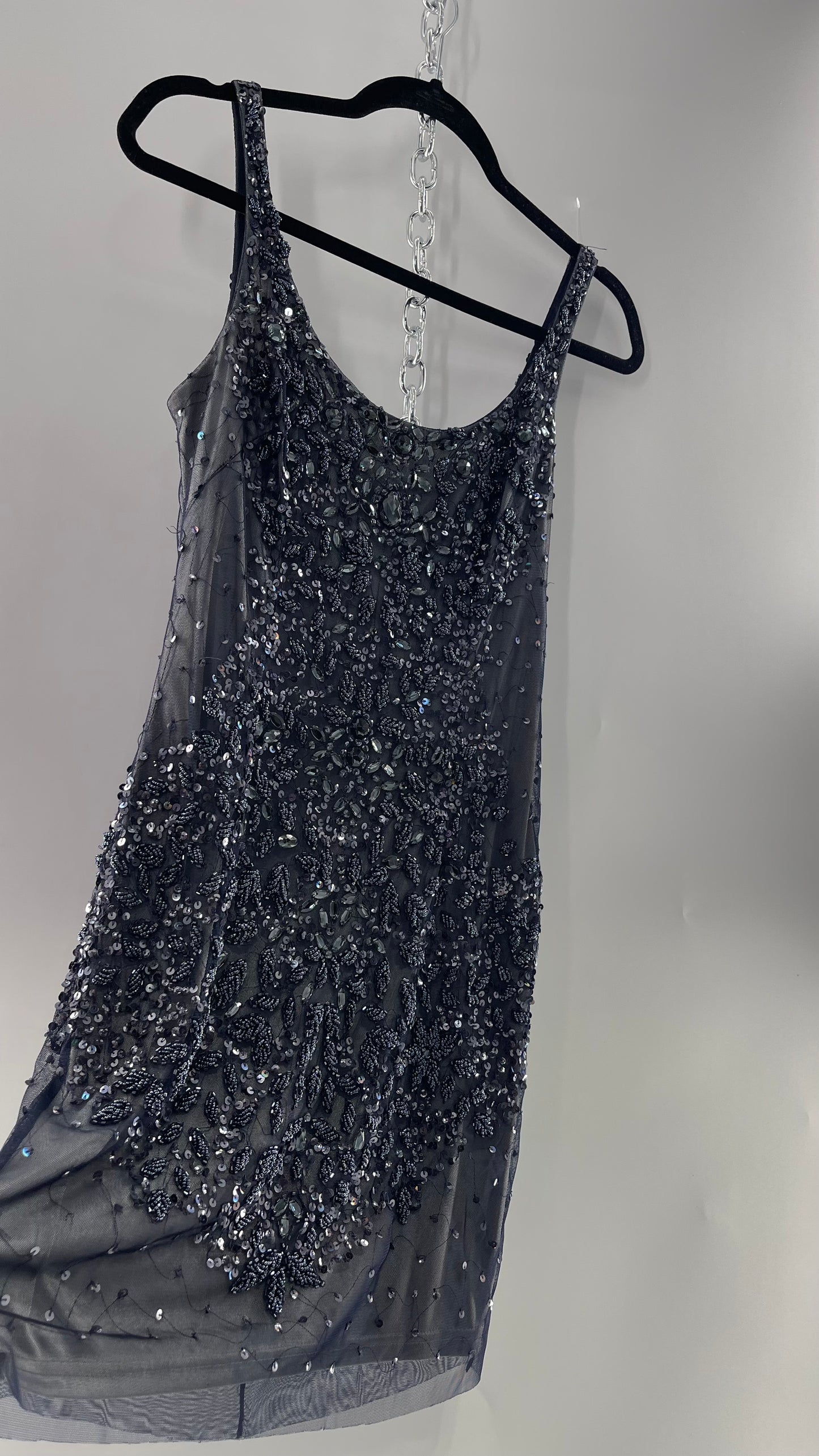Vintage Cache Moonlight Grey/Navy Blue Tunic Mini Dress with Accentuating Placement of Beads, Sequins and Embroidery Details (2)