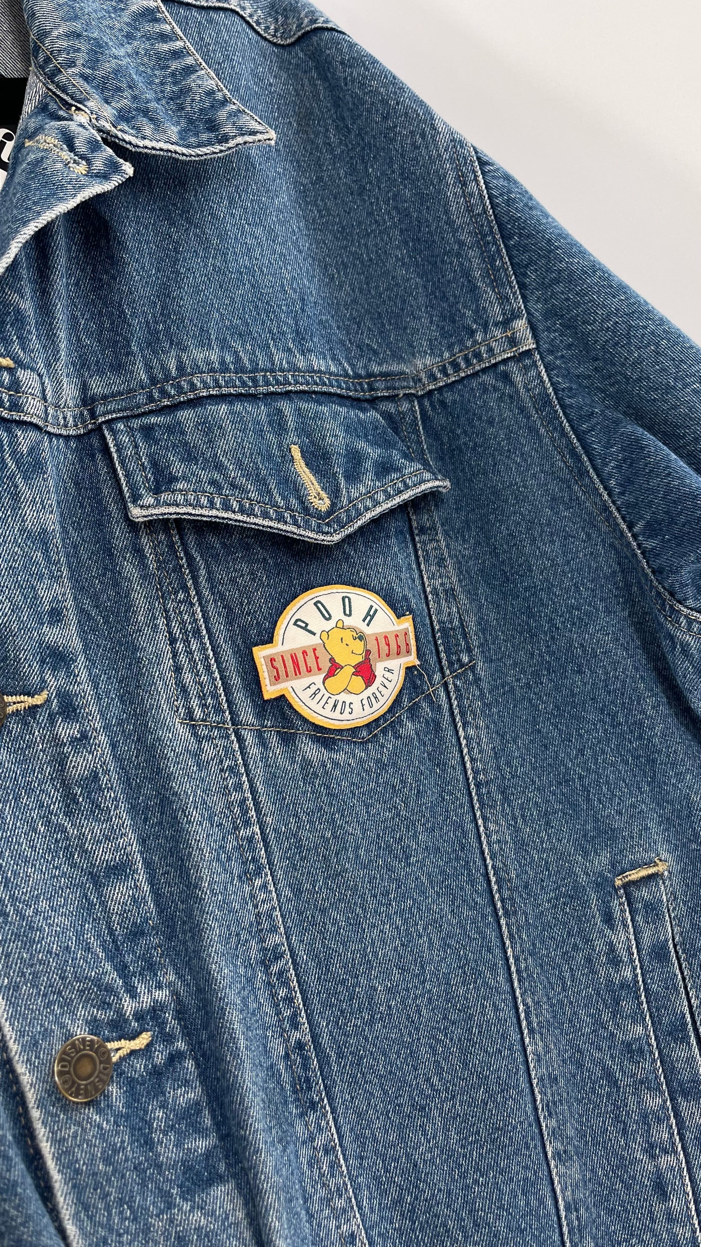 Vintage Disney Denim Jacket with Embroidered Graphic/Patches on Back and Pocket (Medium)