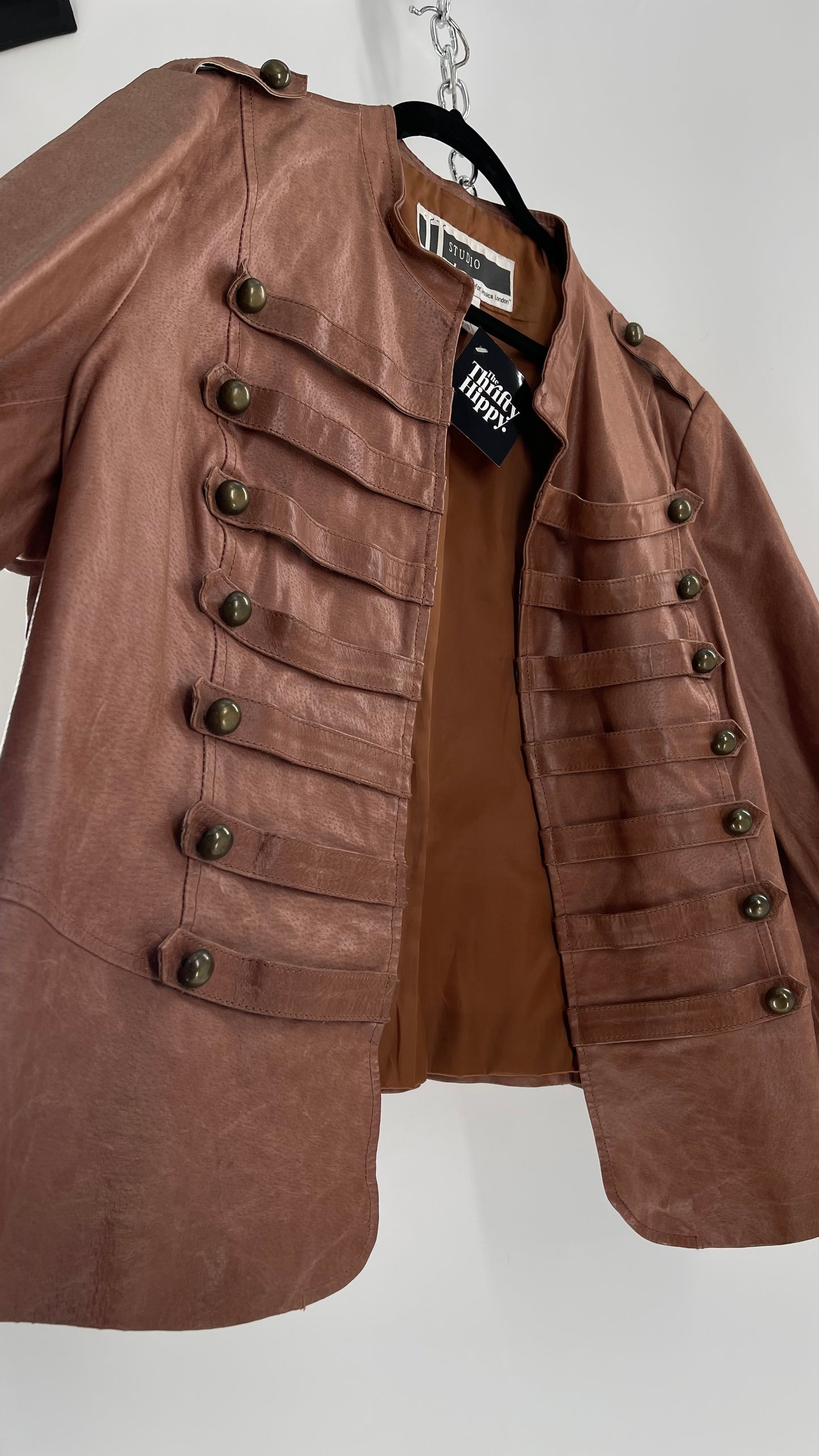 Vintage JL Studio Brown Leather Double Breasted Steampunk Military Drummer Jacket with Brass Toned Buttons (24W)