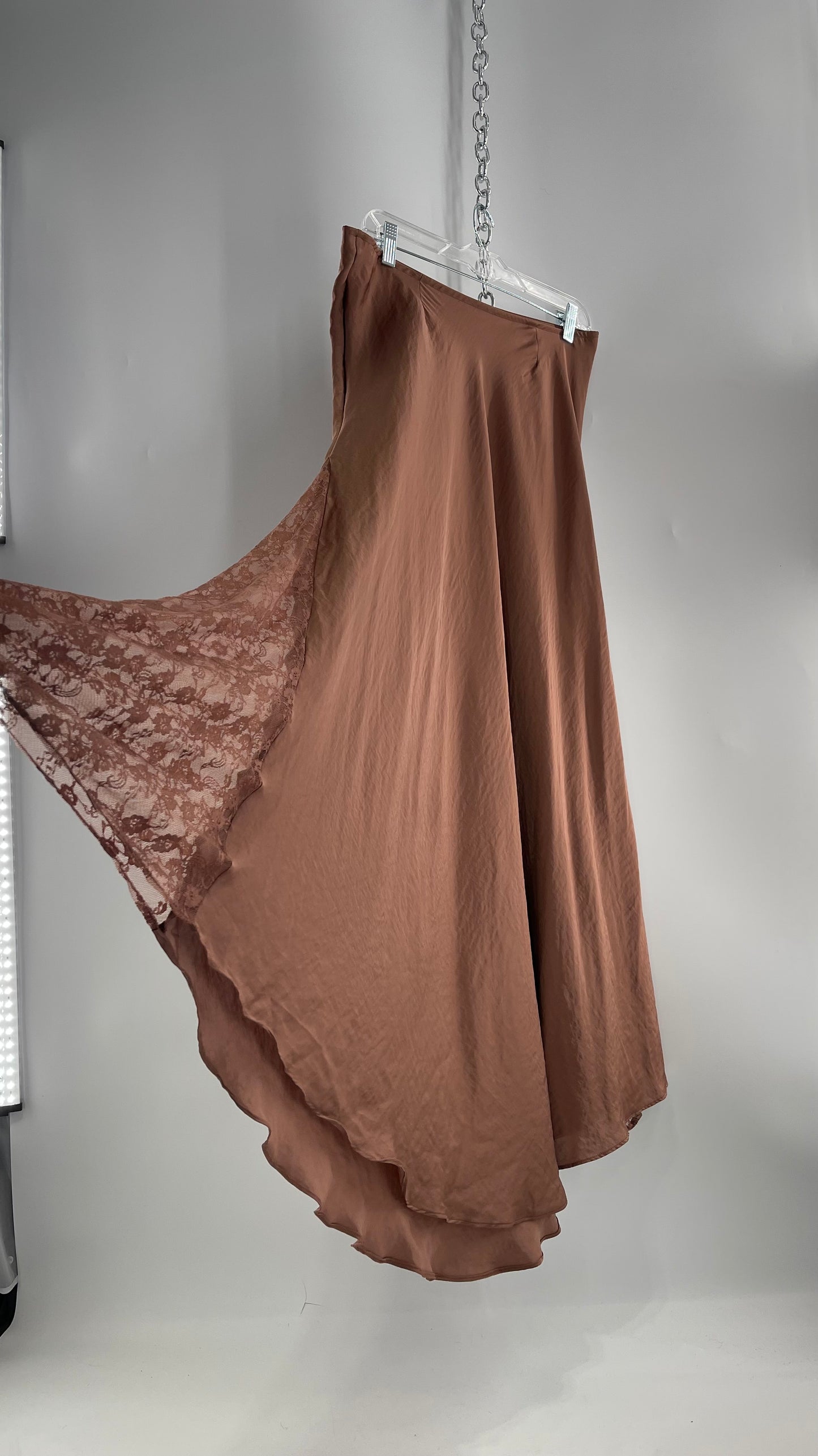 Intimately Free People Brown/Dusty Mauve Satin Maxi Skirt with Lace Paneling (Medium)