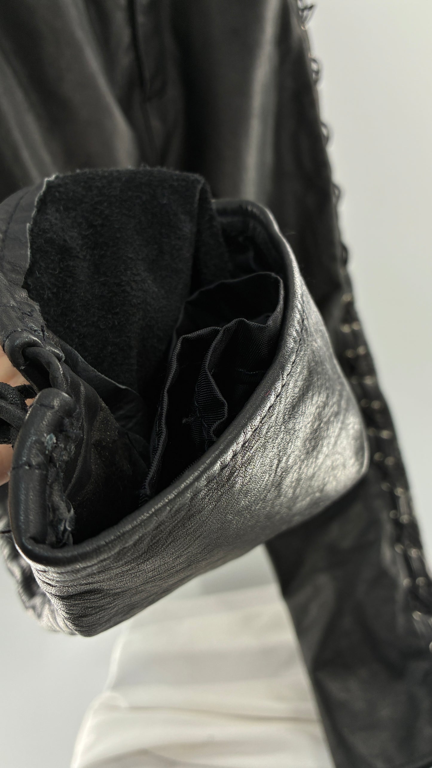 Vintage Thick Ultra Soft Black Leather Pants with Tie Up Sides (Medium)