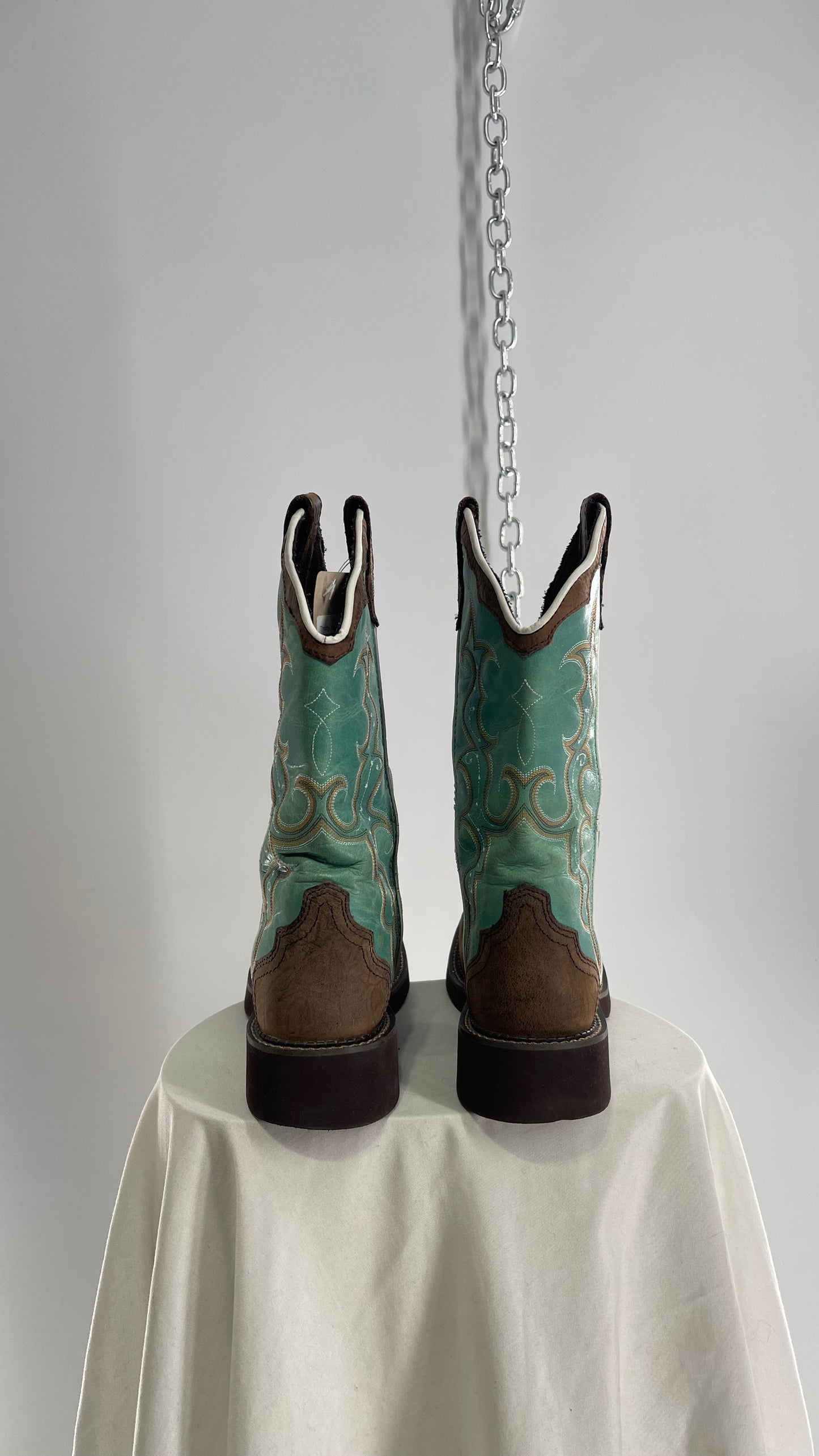 Vintage Justin Gypsy Brown Leather Turquoise Raya Cowboy Boots (8.5B)