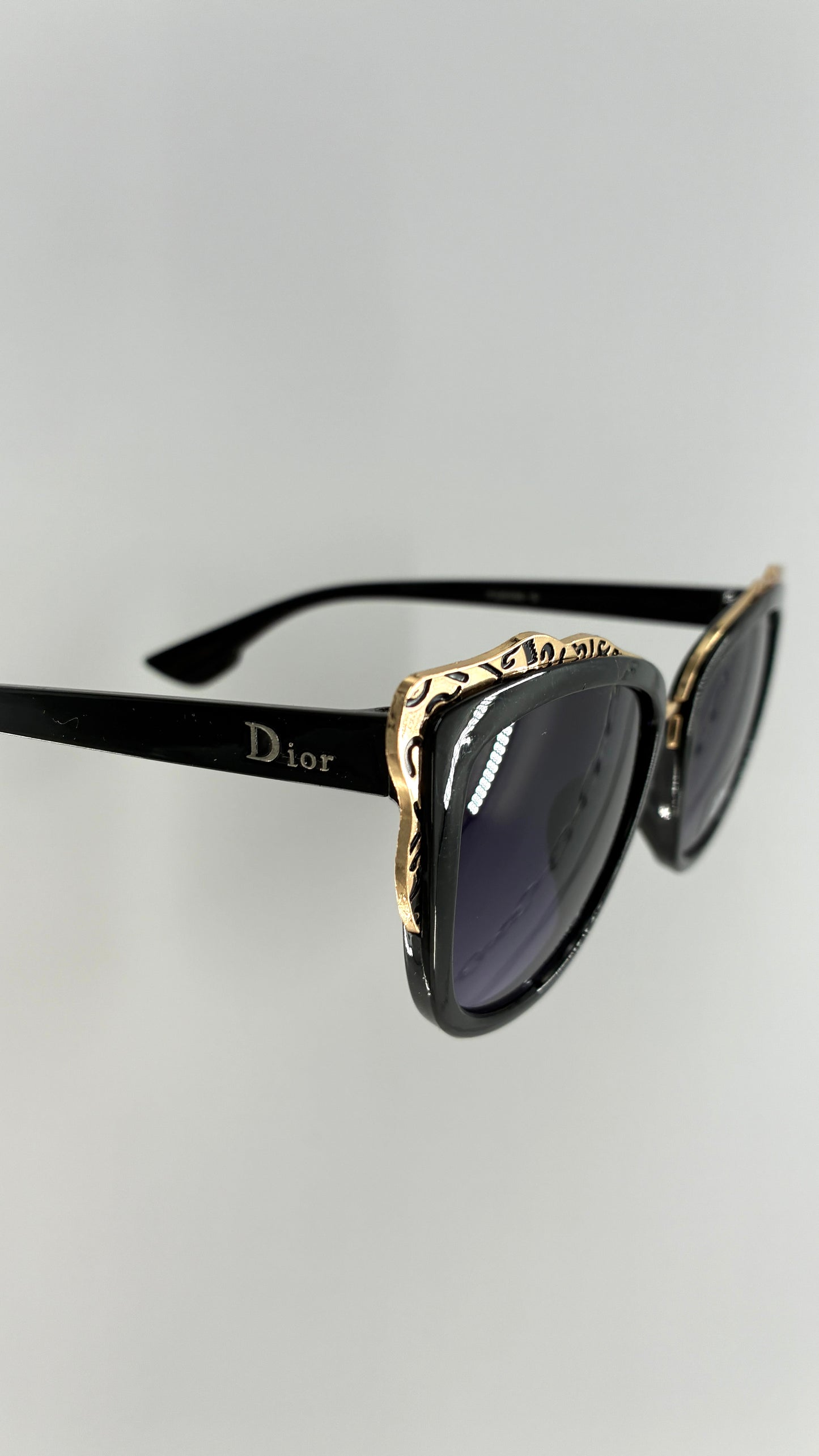 Vintage DIOR Glossy Black Sunglasses with Engraved Gold Detailing *Unauthenticated