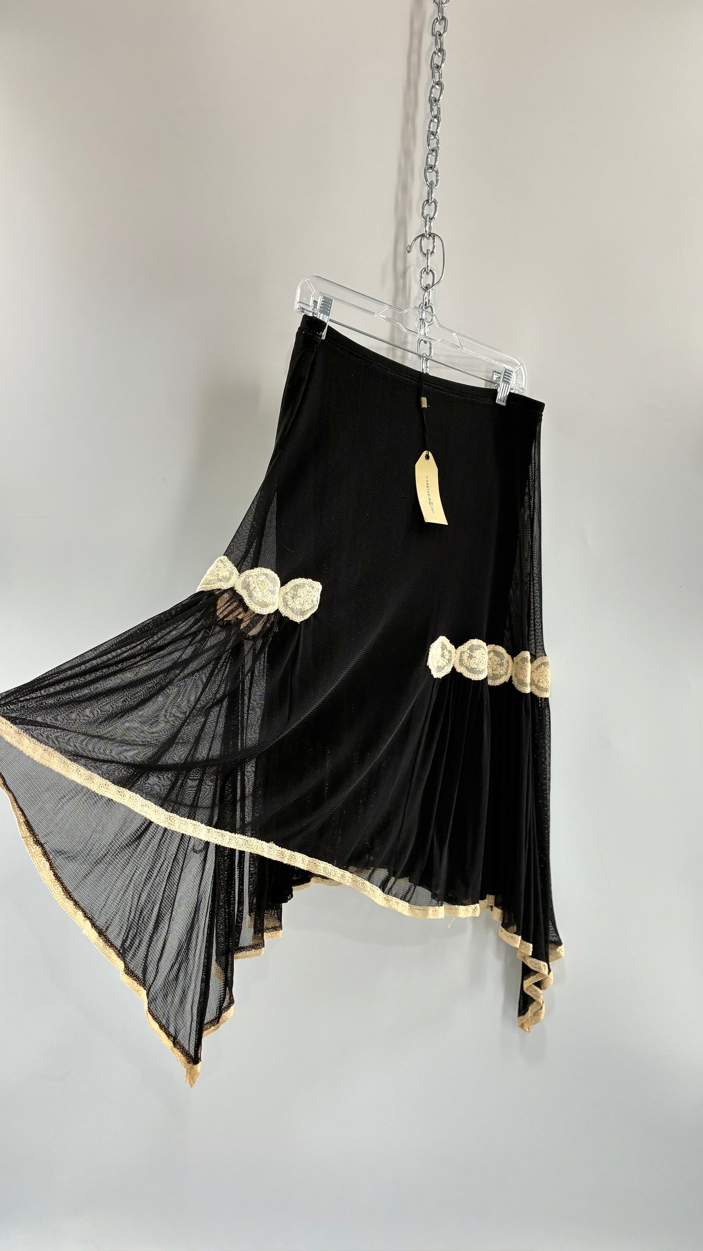 Deadstock MAXSTUDIO 100% Silk Black Skirt with Lace Trim (Small)