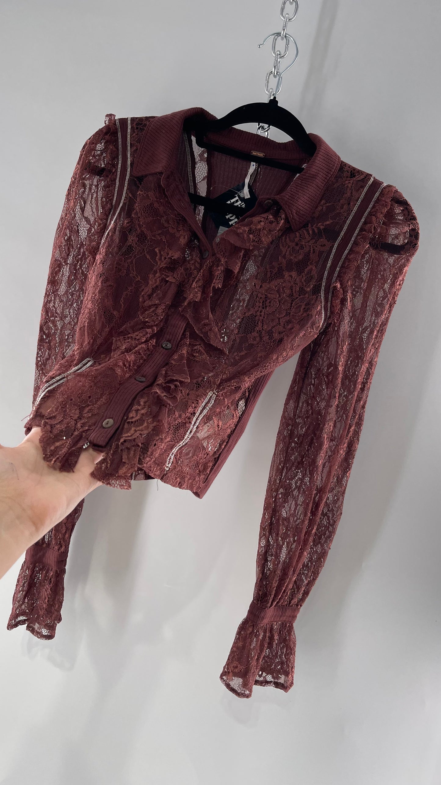 Free People Burgundy Lace Button Front Blouse with Balloon Sleeves and Ruffle Front Detail  (Small)